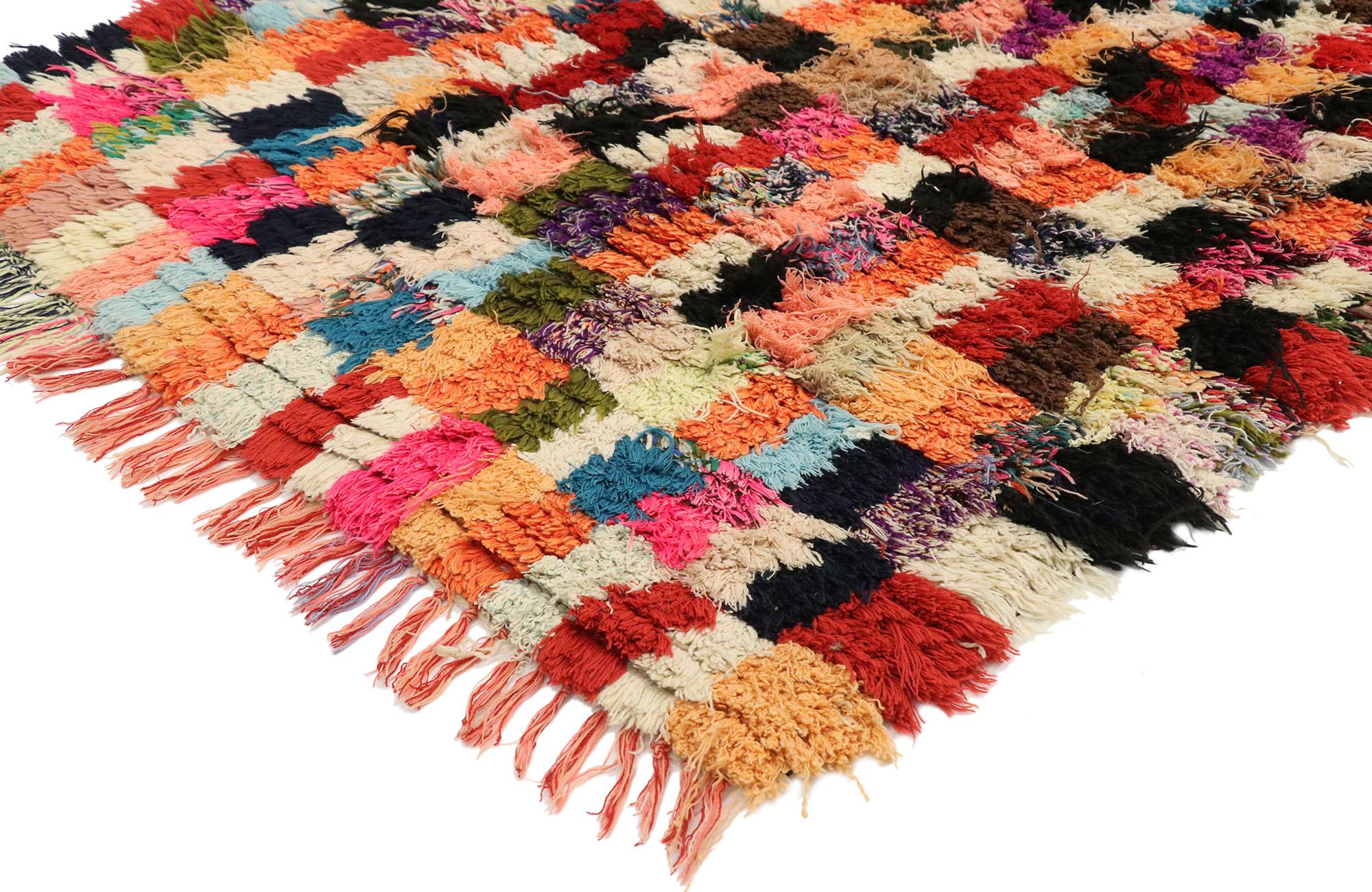 20566, colorful vintage Moroccan Boucherouite accent rug, Shaggy Moroccan rug. This vintage Berber Moroccan rug marries the vintage style of the Berbers with a color scheme and geometric design that is now considered to be a contemporary style. The