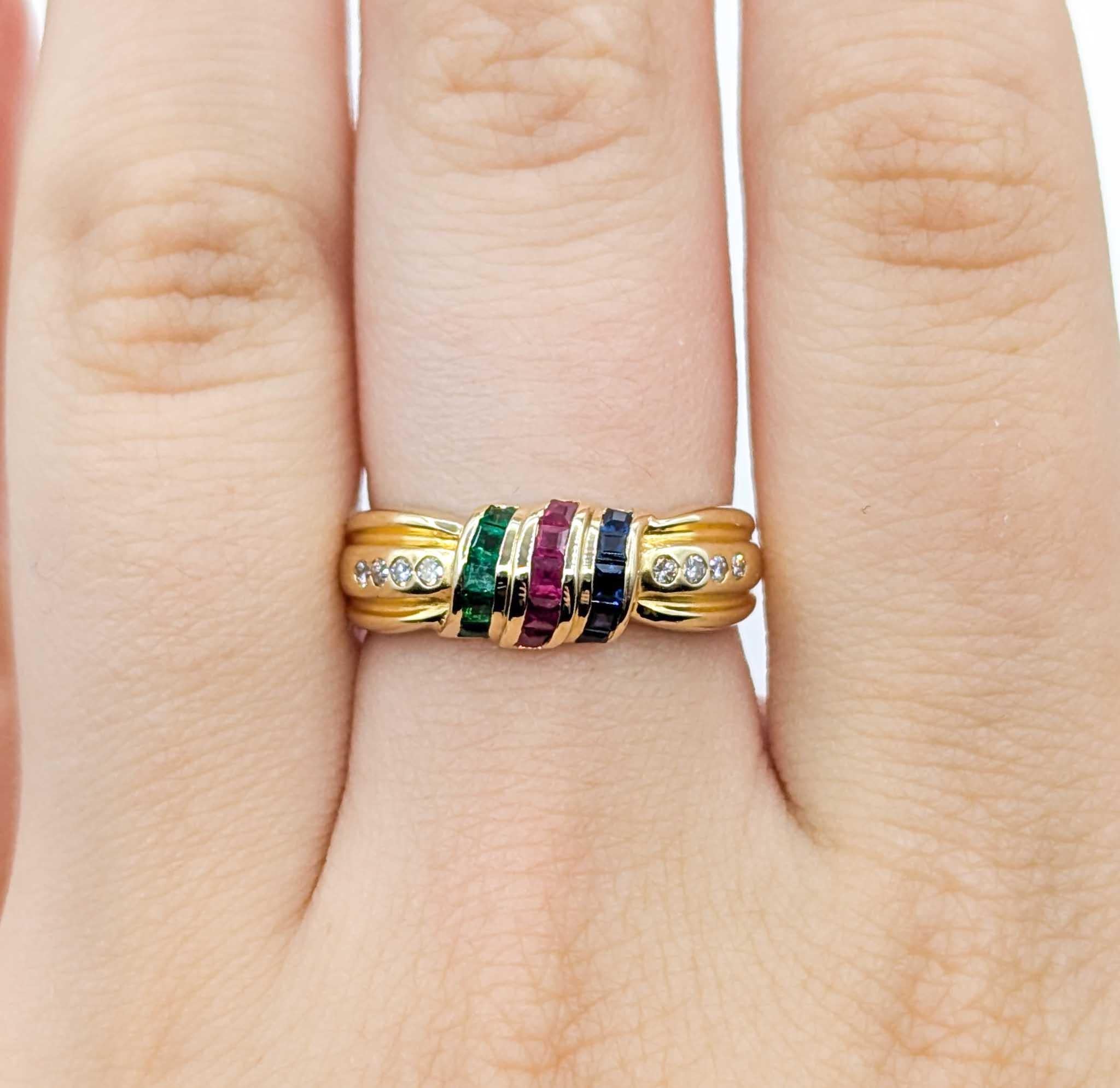 Bunte Vintage Multi-Edelsteine & Diamant-Ring in 18k Gelbgold für Damen oder Herren im Angebot