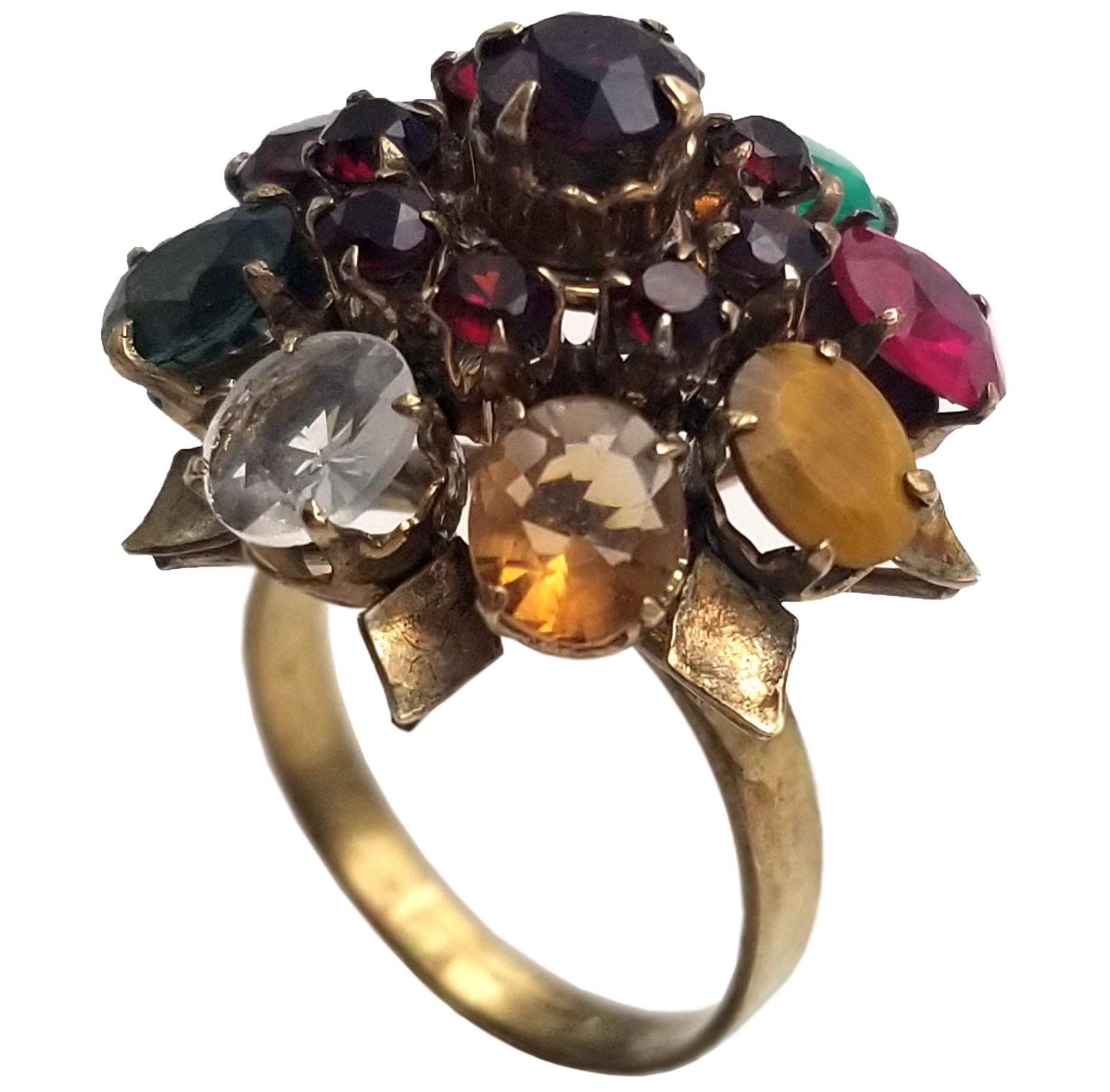 Estate Gemstone Ring Vintage Princess Ruby Garnet Citrine Tiger Eye Quartz Ring