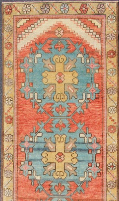 Colorful Antique Oushak Runner with Medallion Design in Terracotta & teal Blue