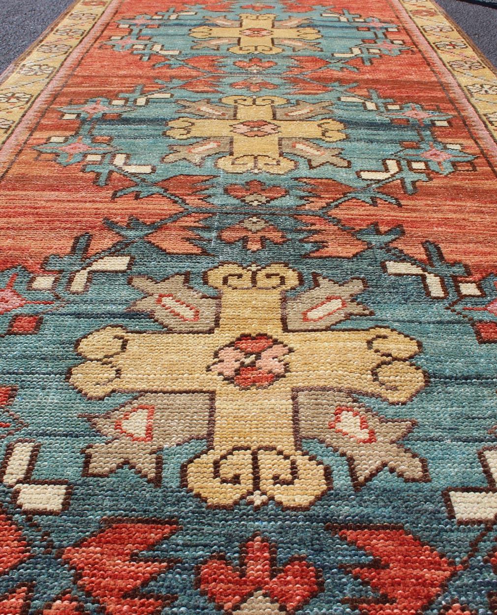 Turkish Colorful Antique Oushak Runner with Medallion Design in Terracotta & teal Blue For Sale
