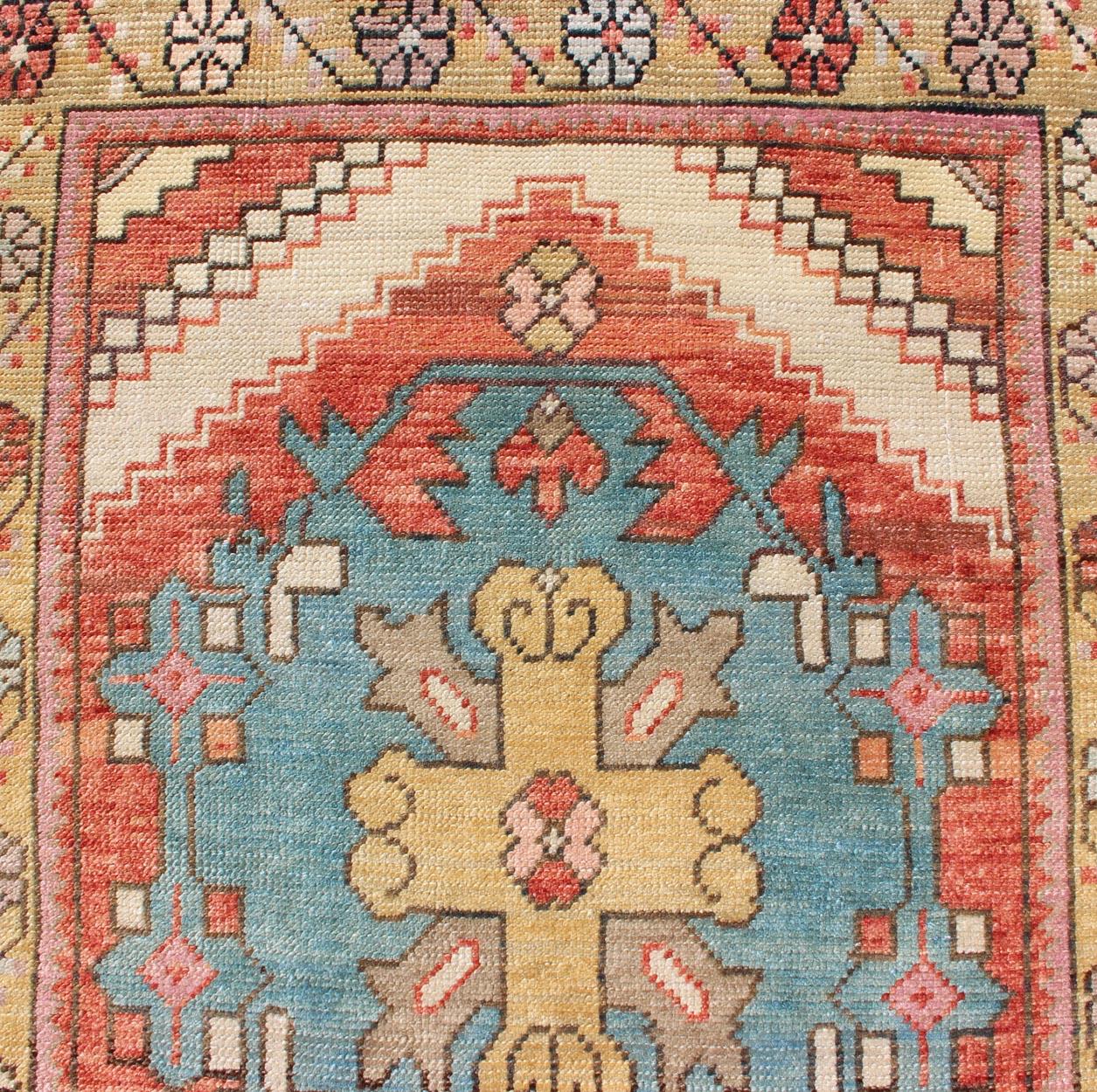 Colorful Antique Oushak Runner with Medallion Design in Terracotta & teal Blue In Excellent Condition For Sale In Atlanta, GA