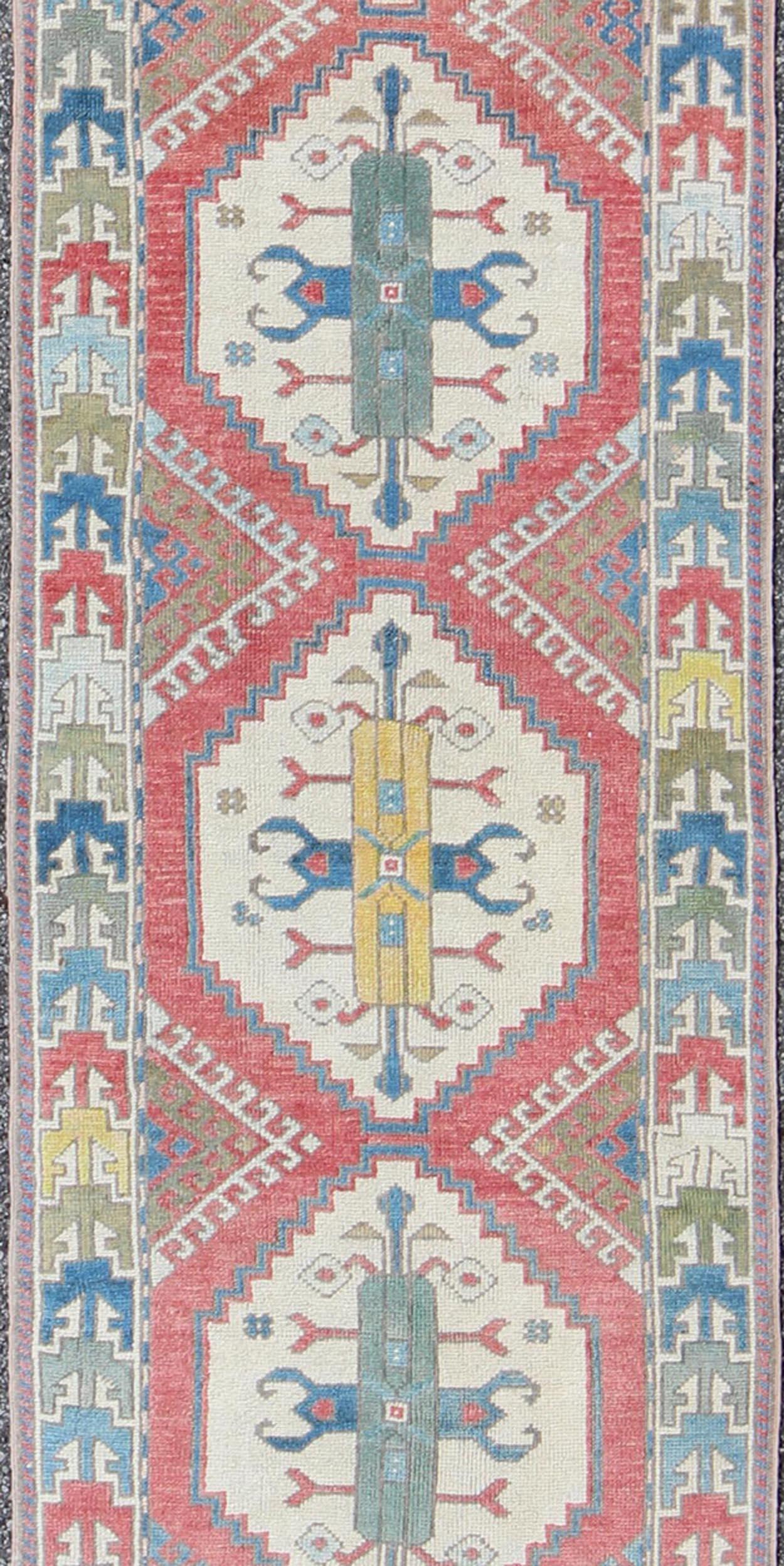 Colorful Vintage Oushak Turkish Narrow Runner with Geometric Design In Good Condition For Sale In Atlanta, GA