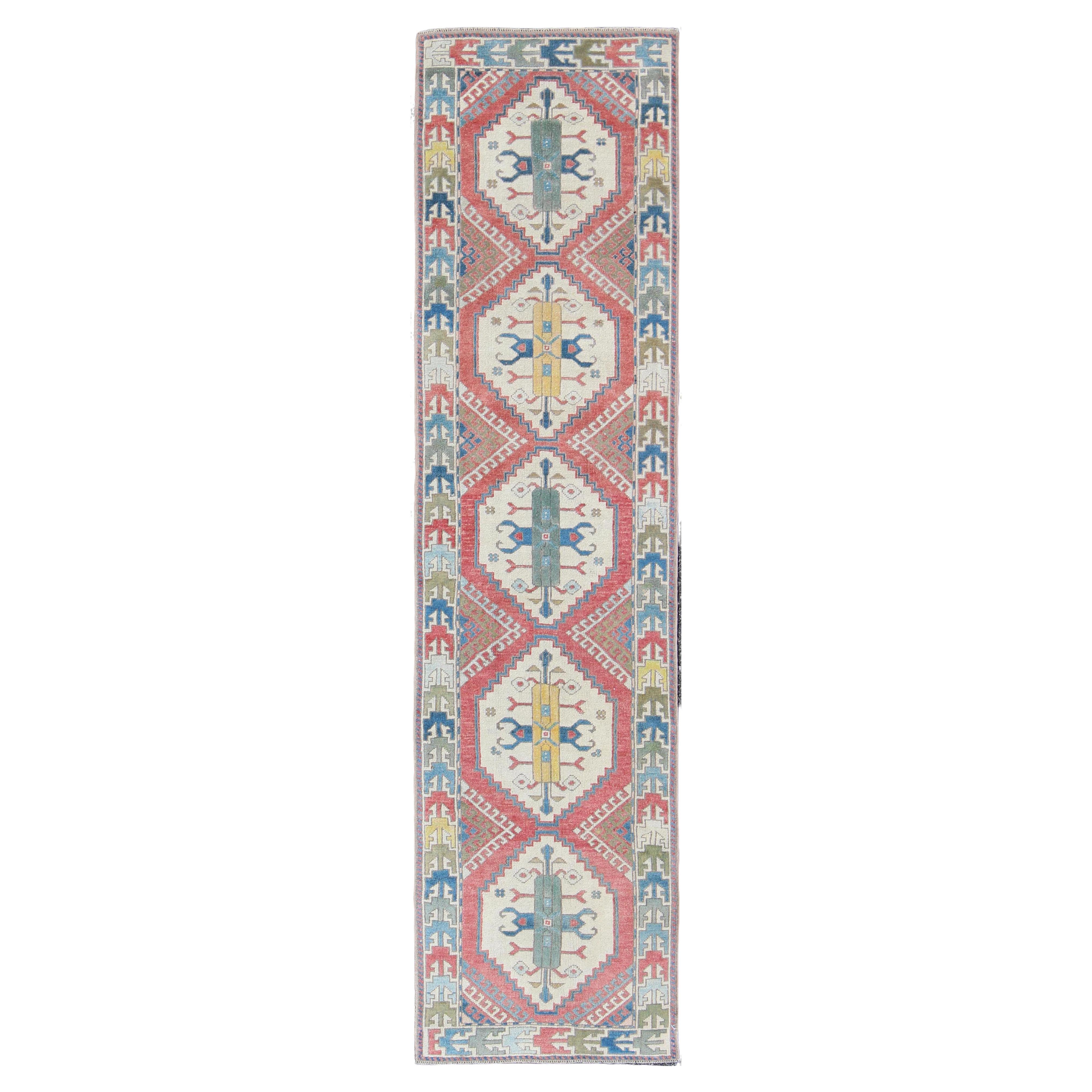 Colorful Vintage Oushak Turkish Narrow Runner with Geometric Design For Sale