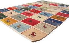 Colorful Vintage Persian Gabbeh Checkerboard Rug with Animal Motifs