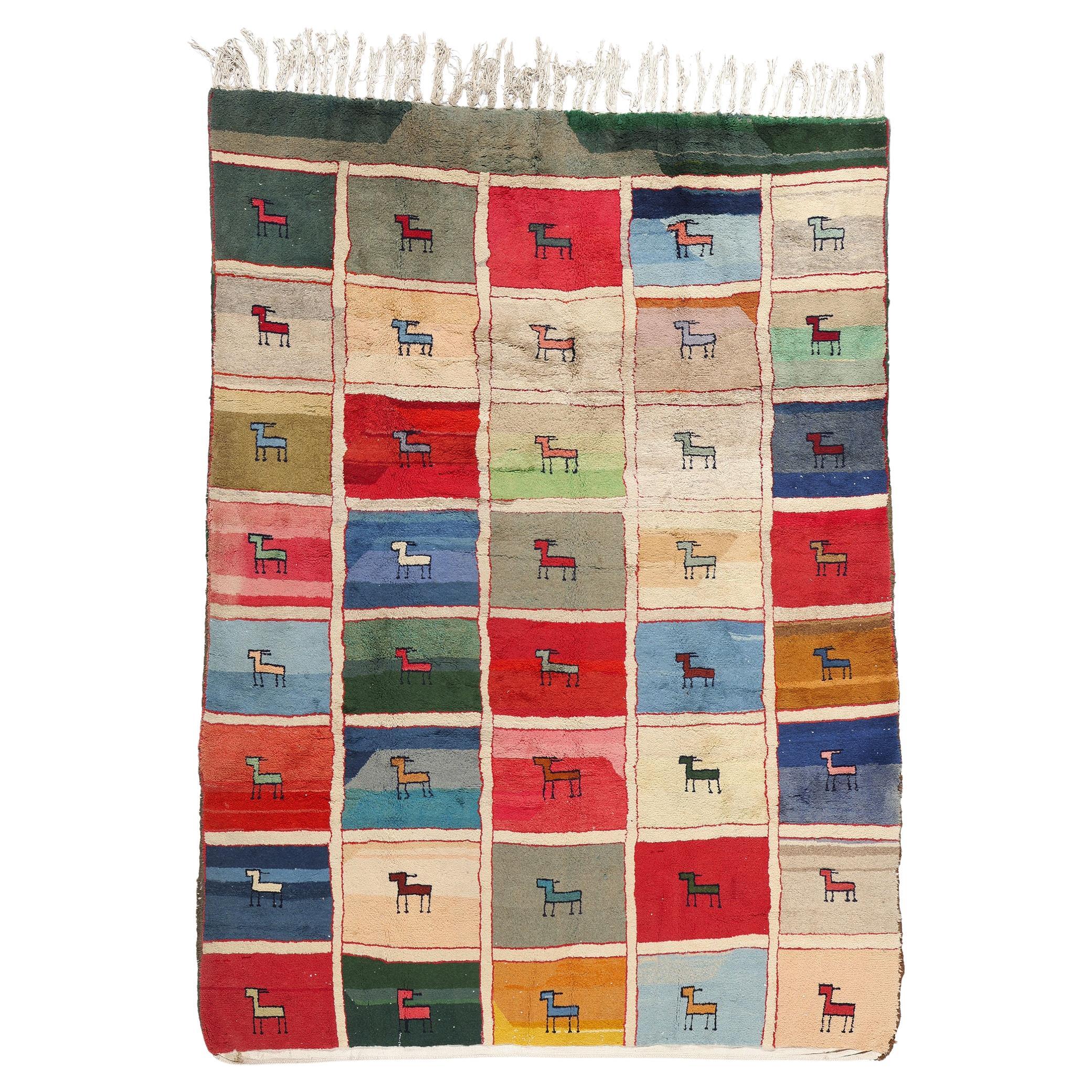 Colorful Vintage Persian Gabbeh Checkerboard Rug with Animal Motifs