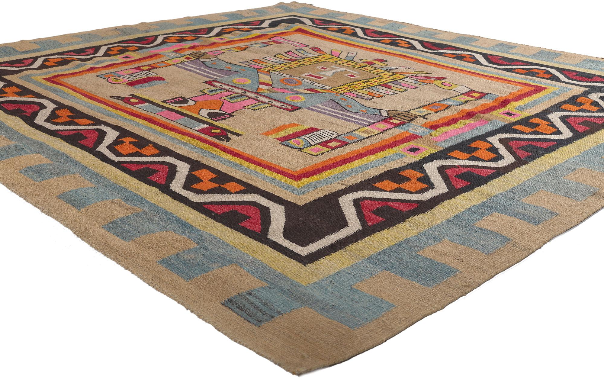78610 Vintage South American Kilim Rug, 06'06 x 06'03. Emulating precolumbian art with incredible detail and texture, this handwoven wool vintage South American kilim rug is a captivating vision of woven beauty. The striking Viracocha design and