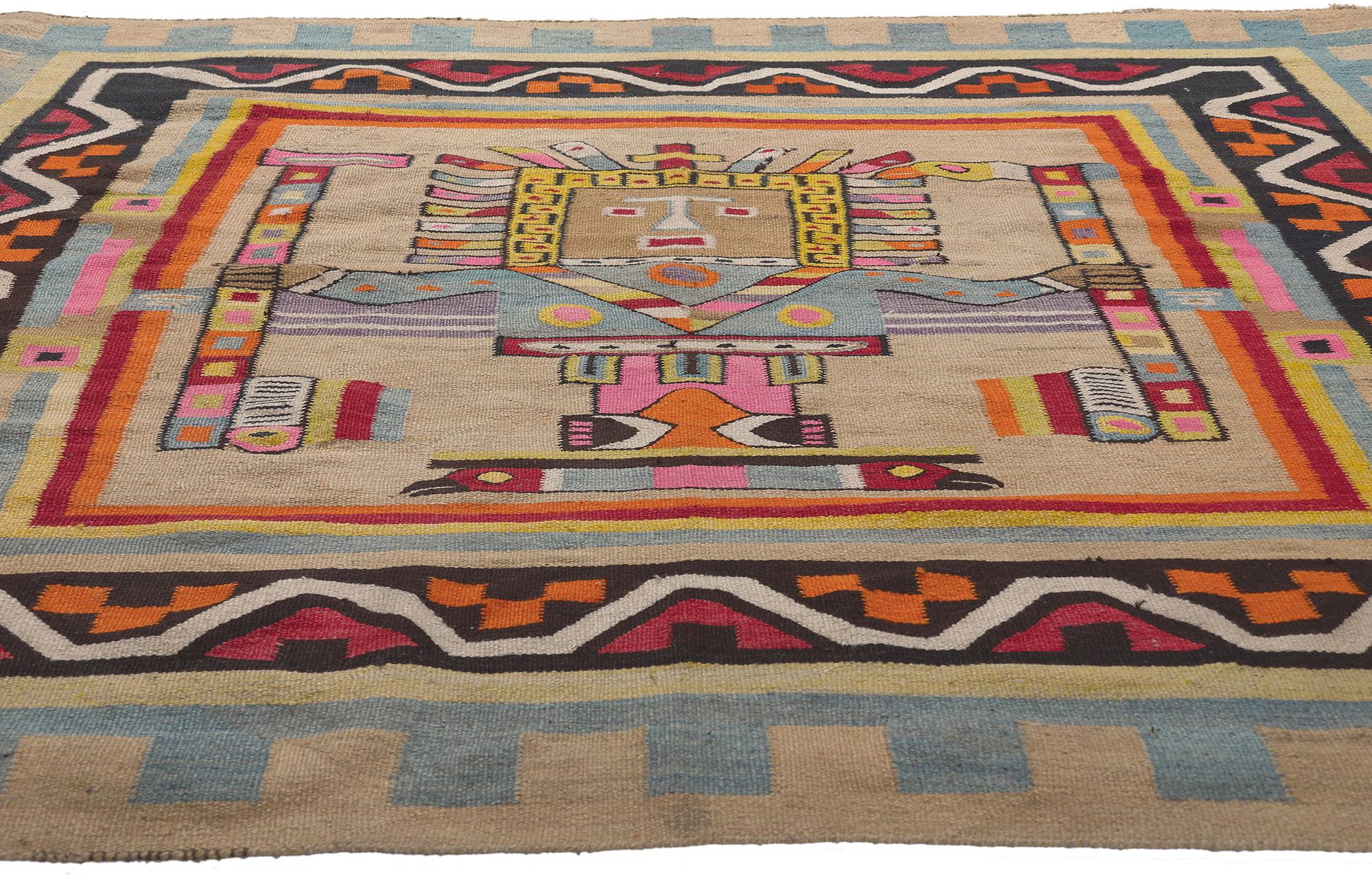 Précolombien Tapis Kilim sud-américain vintage coloré avec divinité pré-incan Viracocha 