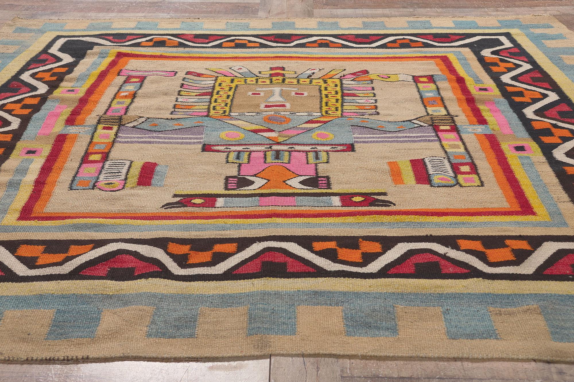 Wool Colorful Vintage South American Kilim Rug with Pre-Incan Viracocha Deity 