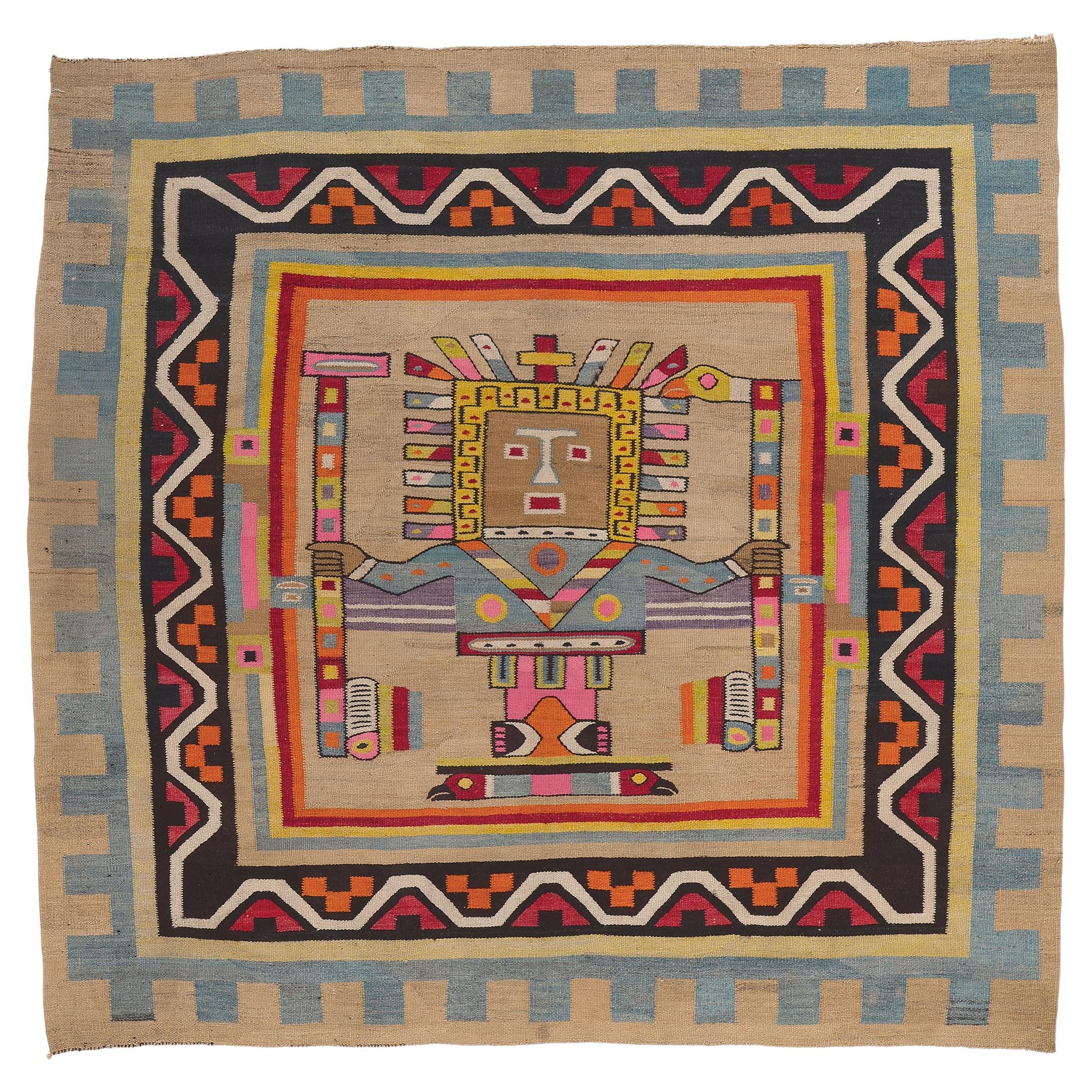 Colorful Vintage South American Kilim Rug with Pre-Incan Viracocha Deity 
