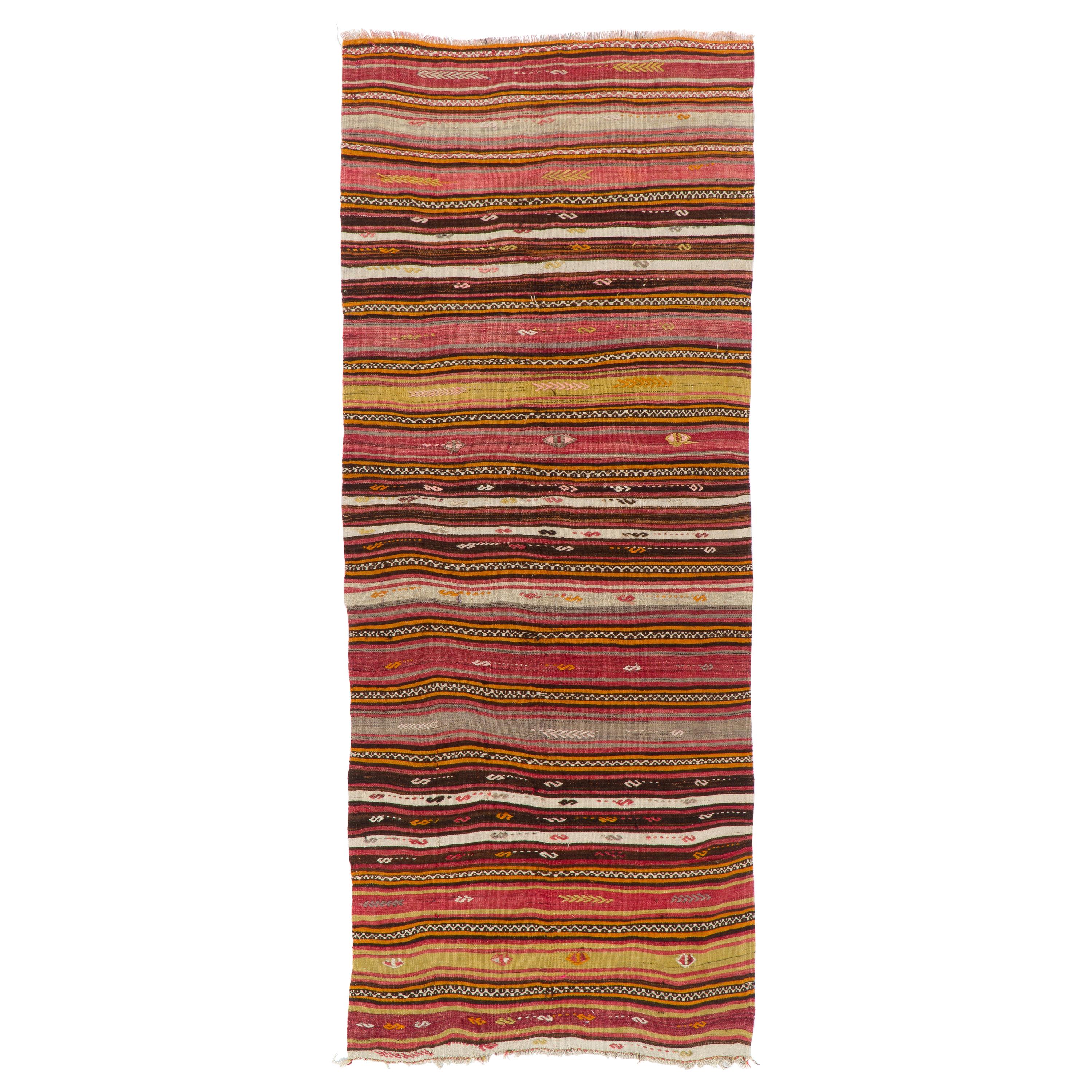 4.7x1 1 Ft Vintage Striped Hand-Woven Turkish Kilim. Flat-Weave Rug, 100% Wool