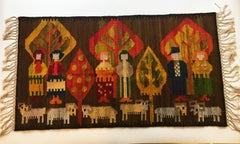 Colorful Vintage Swedish Pictorial Wall Rug Interior Design Home Decor