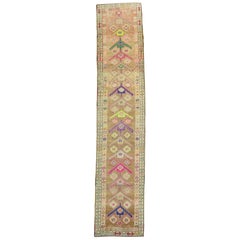 Colorful Vintage Turkish Boho Chic Runner with Bright Pink and Neon Green