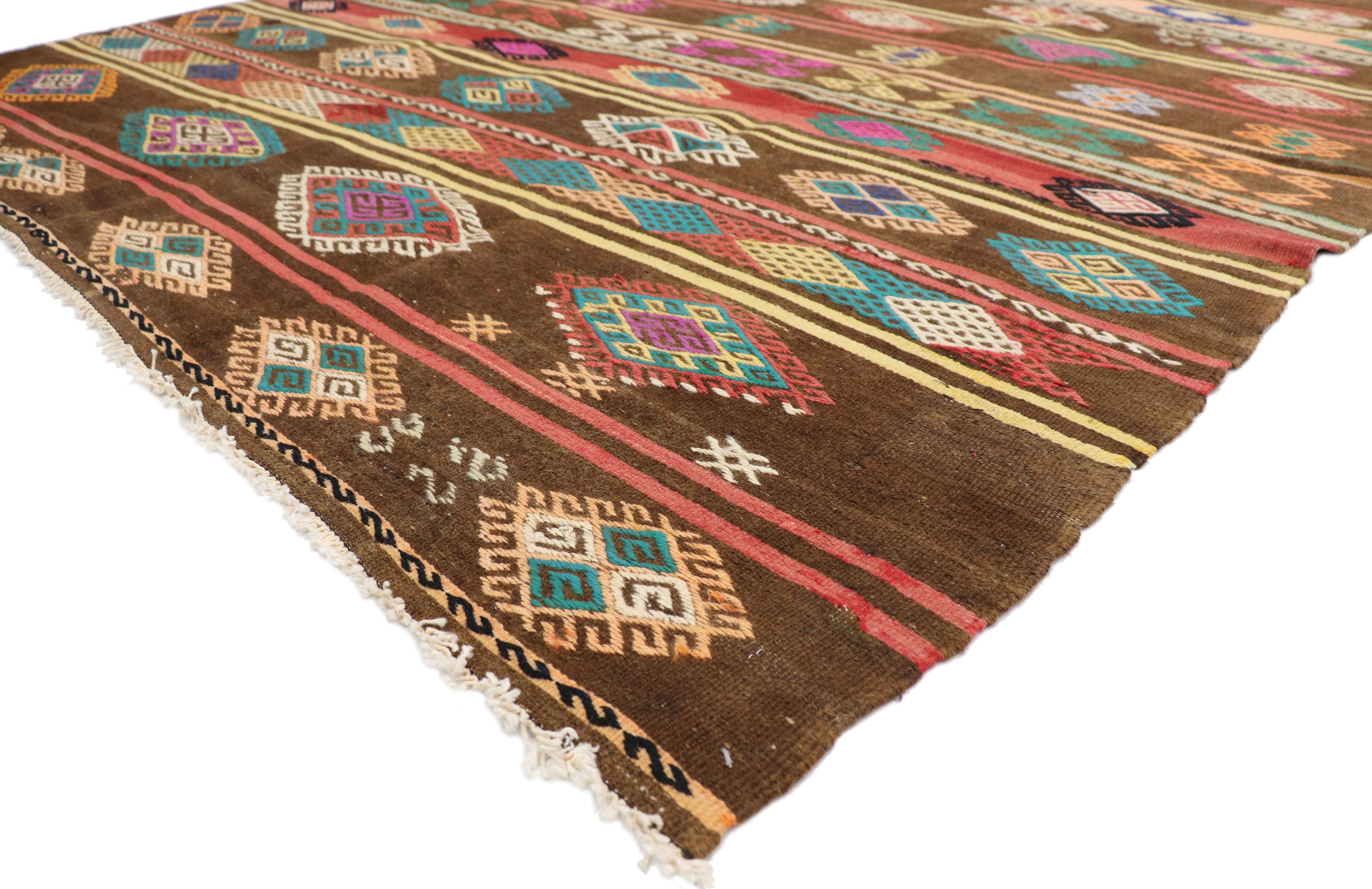 51069, colorful vintage Turkish Balikesir Jajim Kilim rug with Boho Tribal style, flat-weave rug. This handwoven wool vintage Turkish Balikesir Kilim rug features a series of stripes and bands with embroidered symbolic Jajim tribal motifs. This