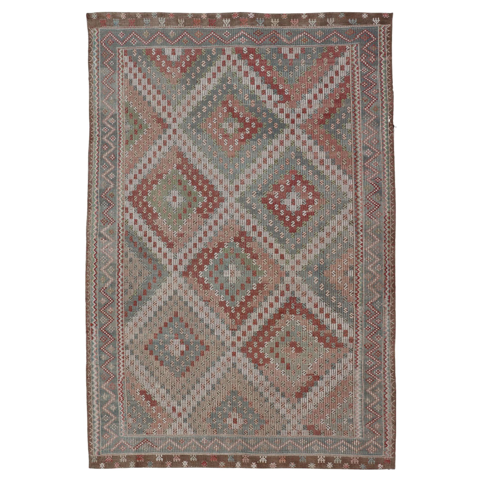 Colorful Vintage Turkish Embroidered Flat-Weave in Diamond Design