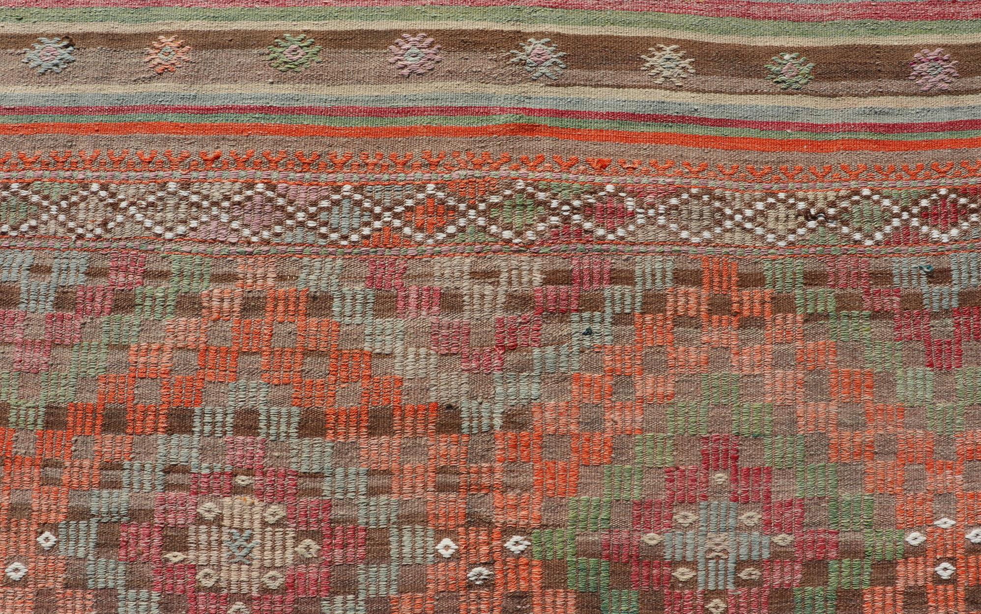 Colorful Vintage Turkish Embroidered Flat-Weave in Diamond Design in Orange For Sale 3