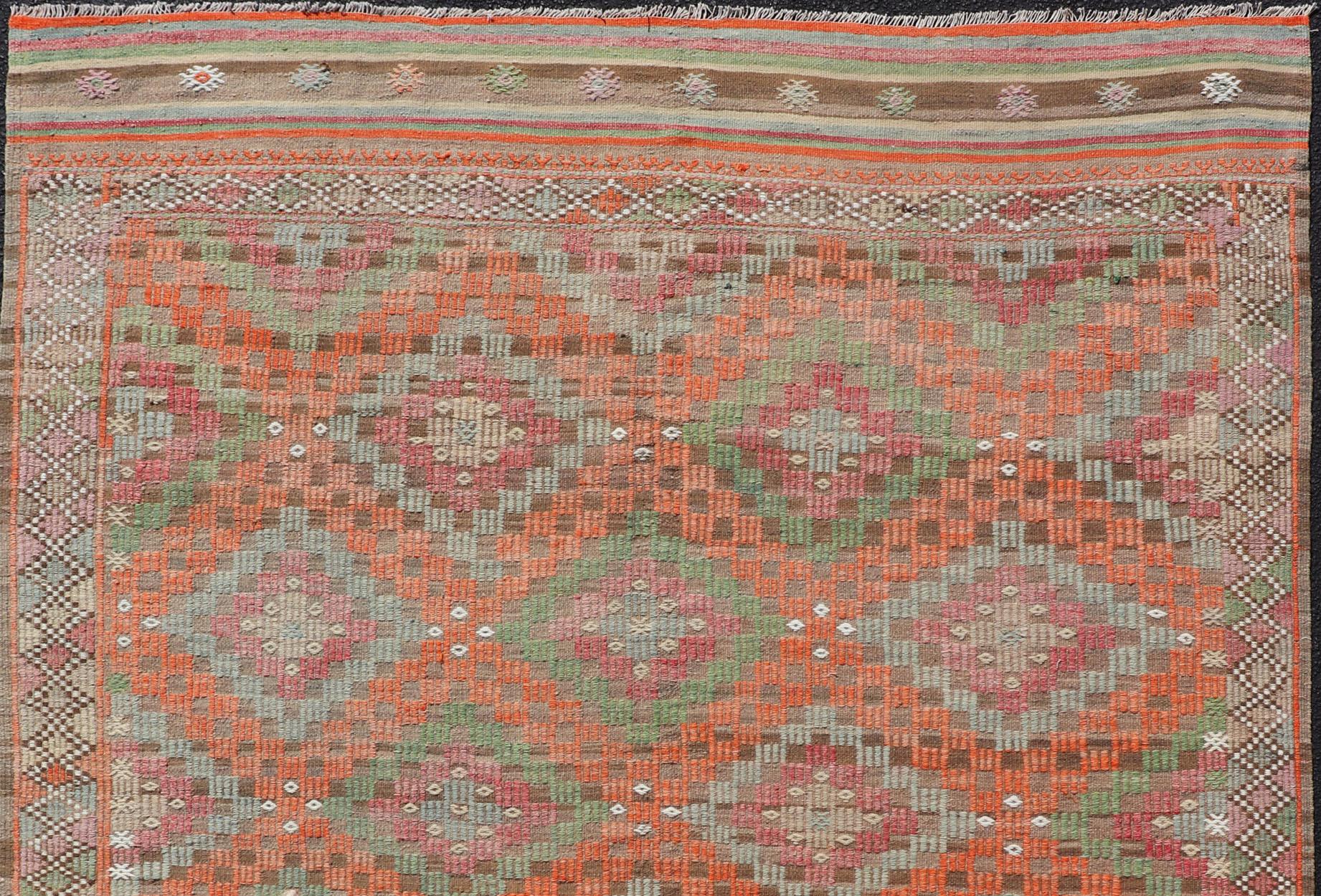 Hand-Woven Colorful Vintage Turkish Embroidered Flat-Weave in Diamond Design in Orange For Sale