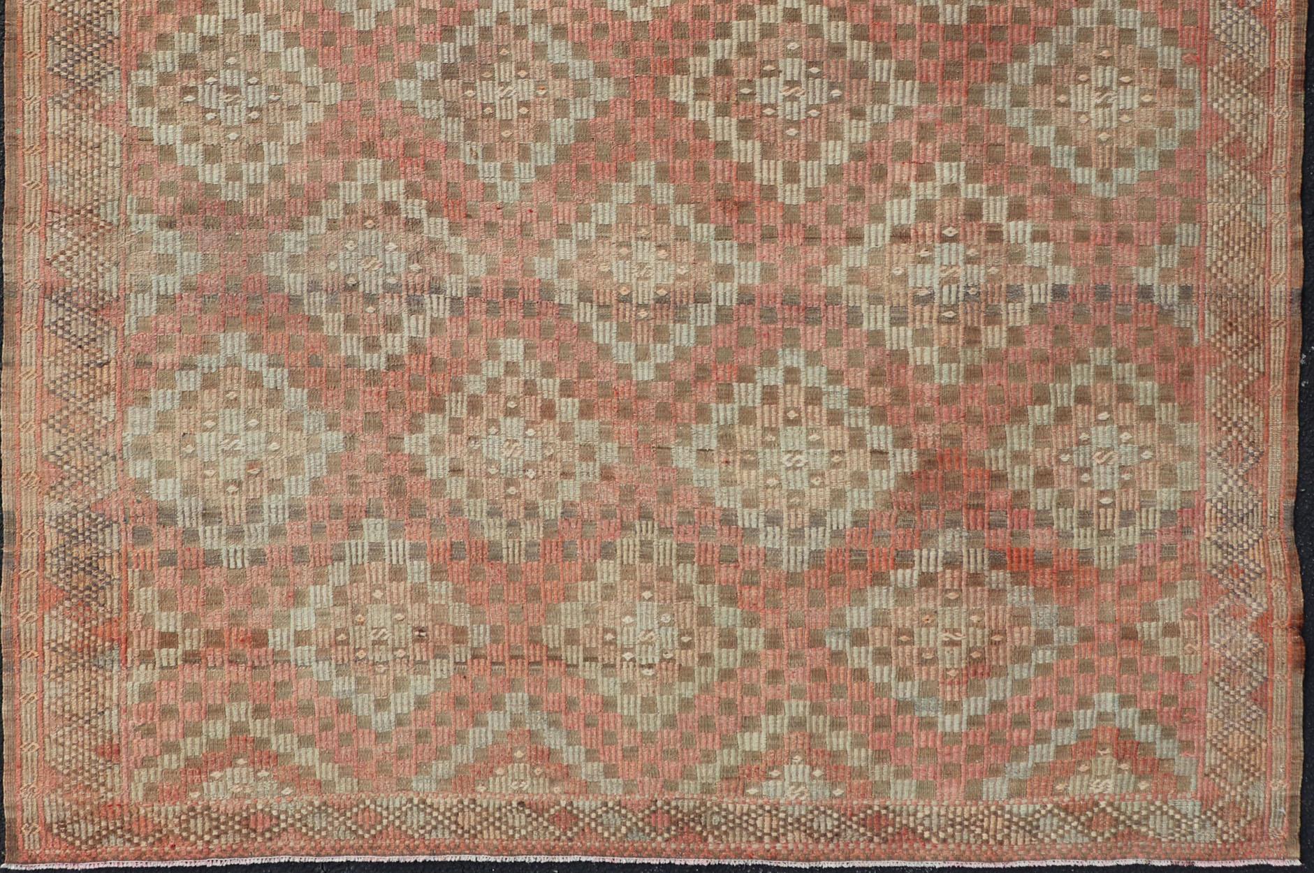 Colorful Vintage Turkish Embroidered Flat-Weave in Diamond Design in Orange In Good Condition For Sale In Atlanta, GA