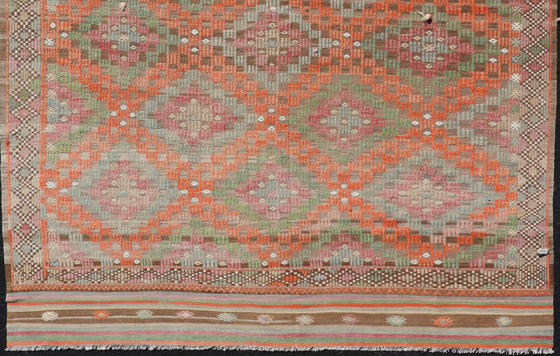 20th Century Colorful Vintage Turkish Embroidered Flat-Weave in Diamond Design in Orange For Sale