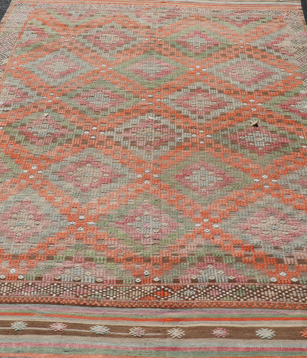 Wool Colorful Vintage Turkish Embroidered Flat-Weave in Diamond Design in Orange For Sale
