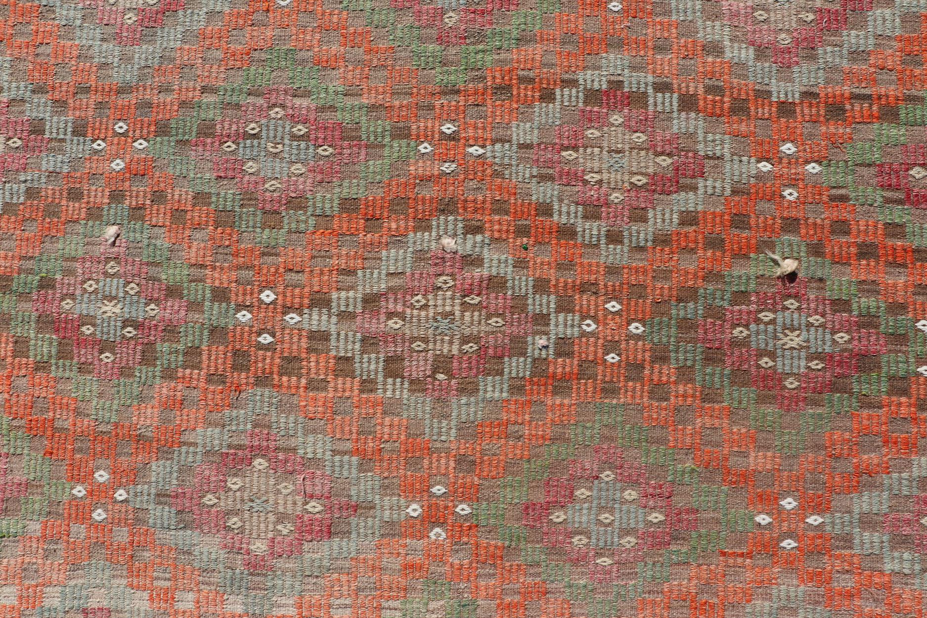 Colorful Vintage Turkish Embroidered Flat-Weave in Diamond Design in Orange For Sale 2