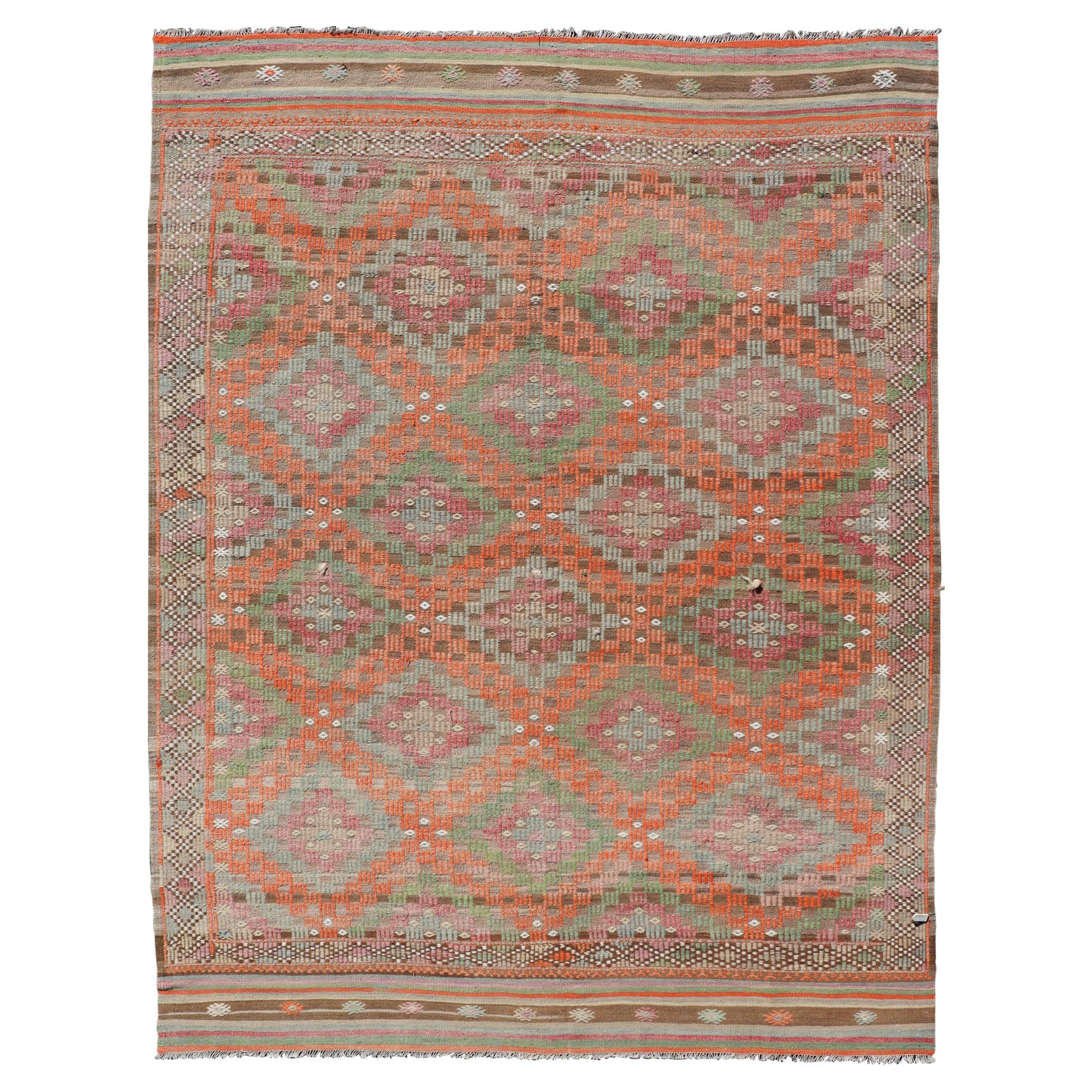Tapis turc vintage coloré brodé à plat en forme de diamant en orange, tissé à plat