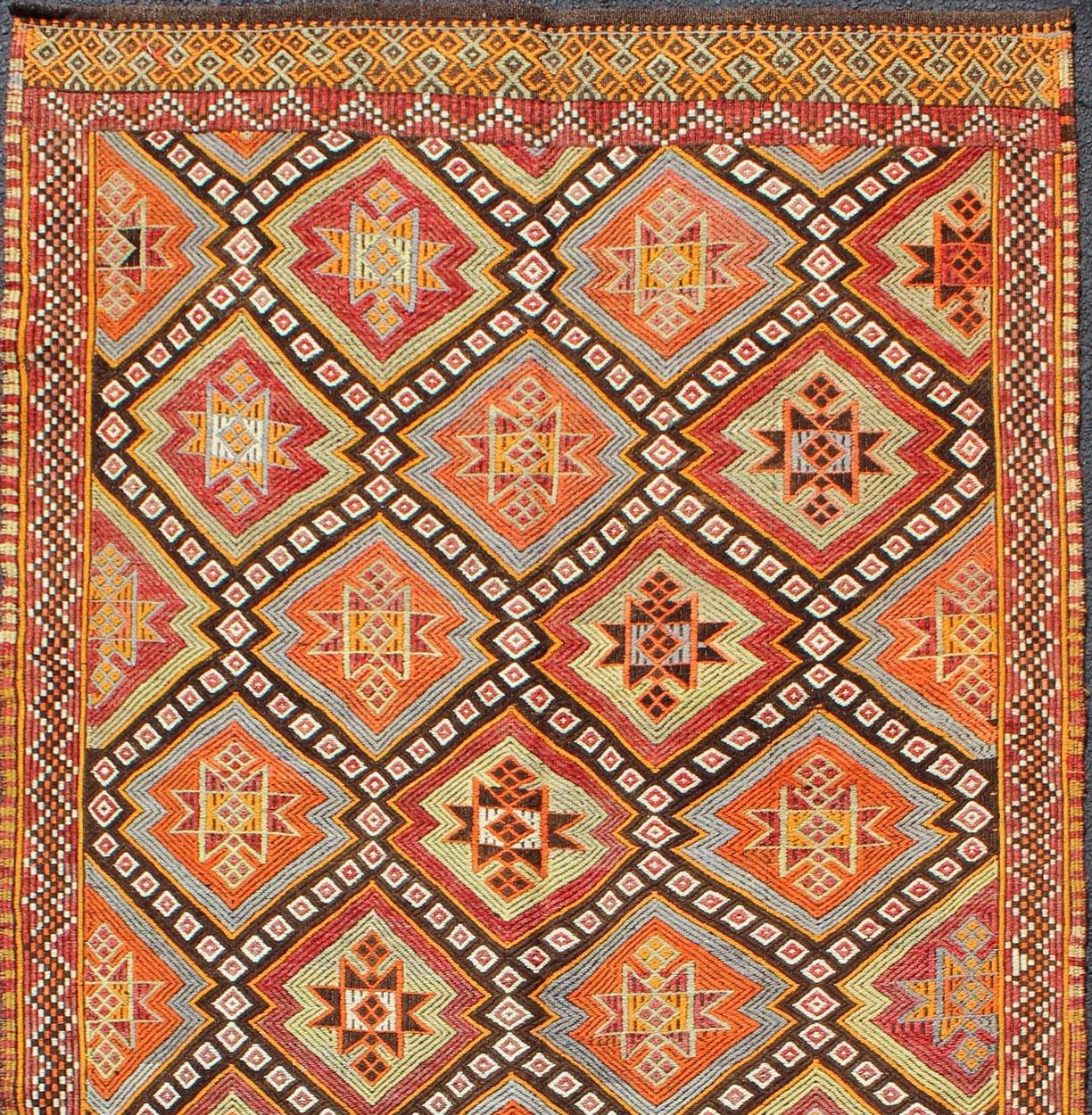 Colorful Vintage Turkish Embroidered Flat-Weave Kilim Rug for Modern Interiors In Excellent Condition For Sale In Atlanta, GA