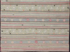 Vintage Turkish Kilim Rug in Soft Gray, Rose, and Sage Green Striped Pattern