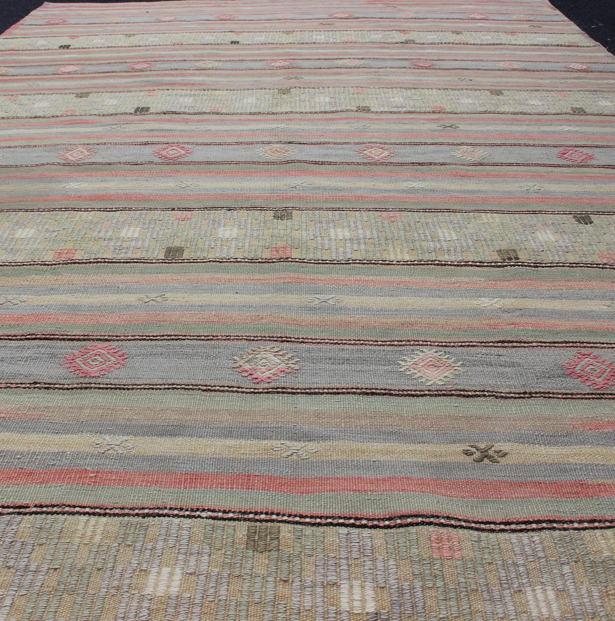 20th Century Colorful Vintage Turkish Embroidered Flatweave Rug with Striped Geometric Design For Sale