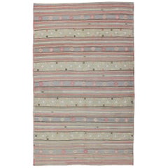 Colorful Retro Turkish Embroidered Flatweave Rug with Striped Geometric Design