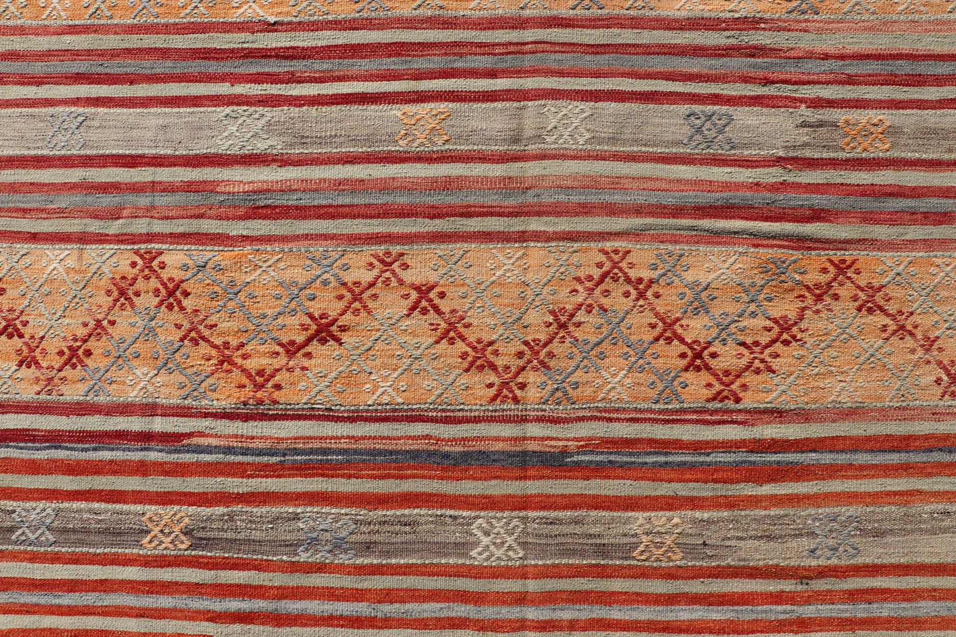 Colorful Vintage Turkish Embroidered Kilim with Stripes and Geometric Motifs  For Sale 4