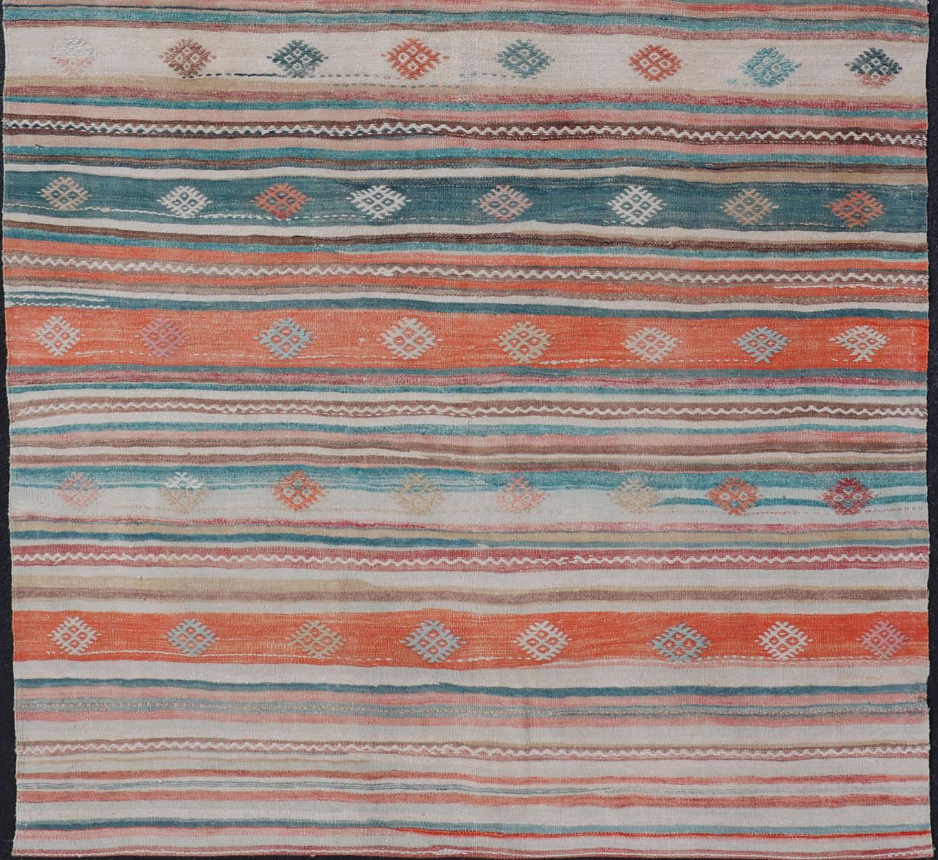 Colorful Vintage Turkish Embroidered Kilim with Stripes and Geometric Motifs For Sale 4