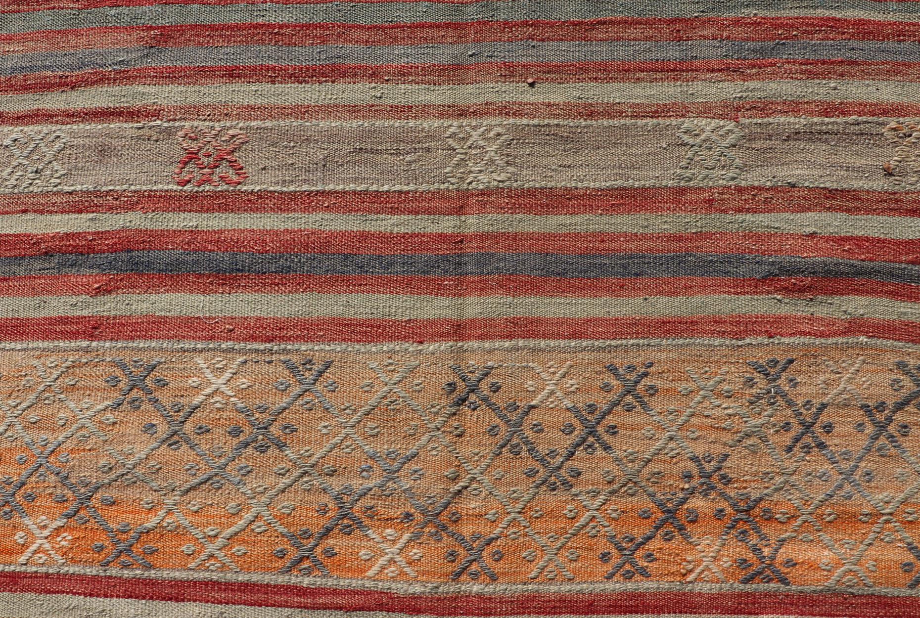 Colorful Vintage Turkish Embroidered Kilim with Stripes and Geometric Motifs  For Sale 5