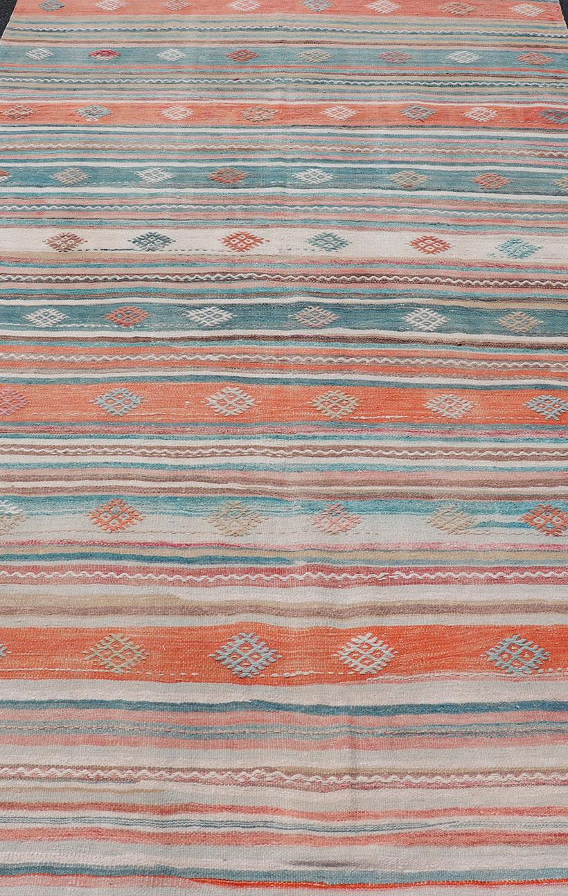 Colorful Vintage Turkish Embroidered Kilim with Stripes and Geometric Motifs For Sale 5