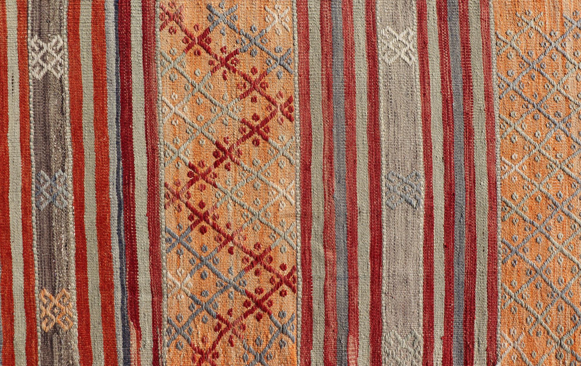 Colorful Vintage Turkish Embroidered Kilim with Stripes and Geometric Motifs  For Sale 6