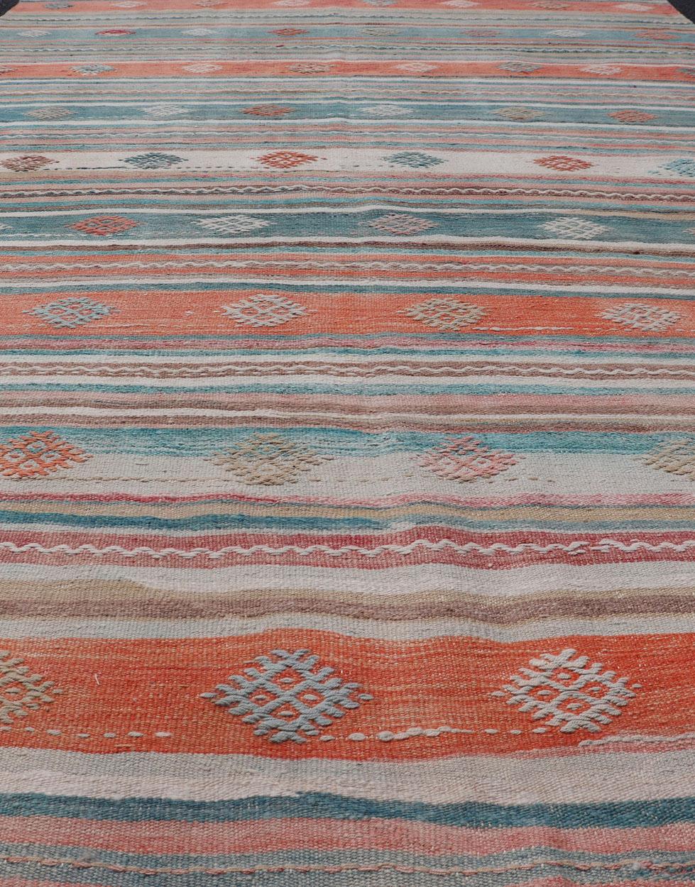 Colorful Vintage Turkish Embroidered Kilim with Stripes and Geometric Motifs For Sale 6