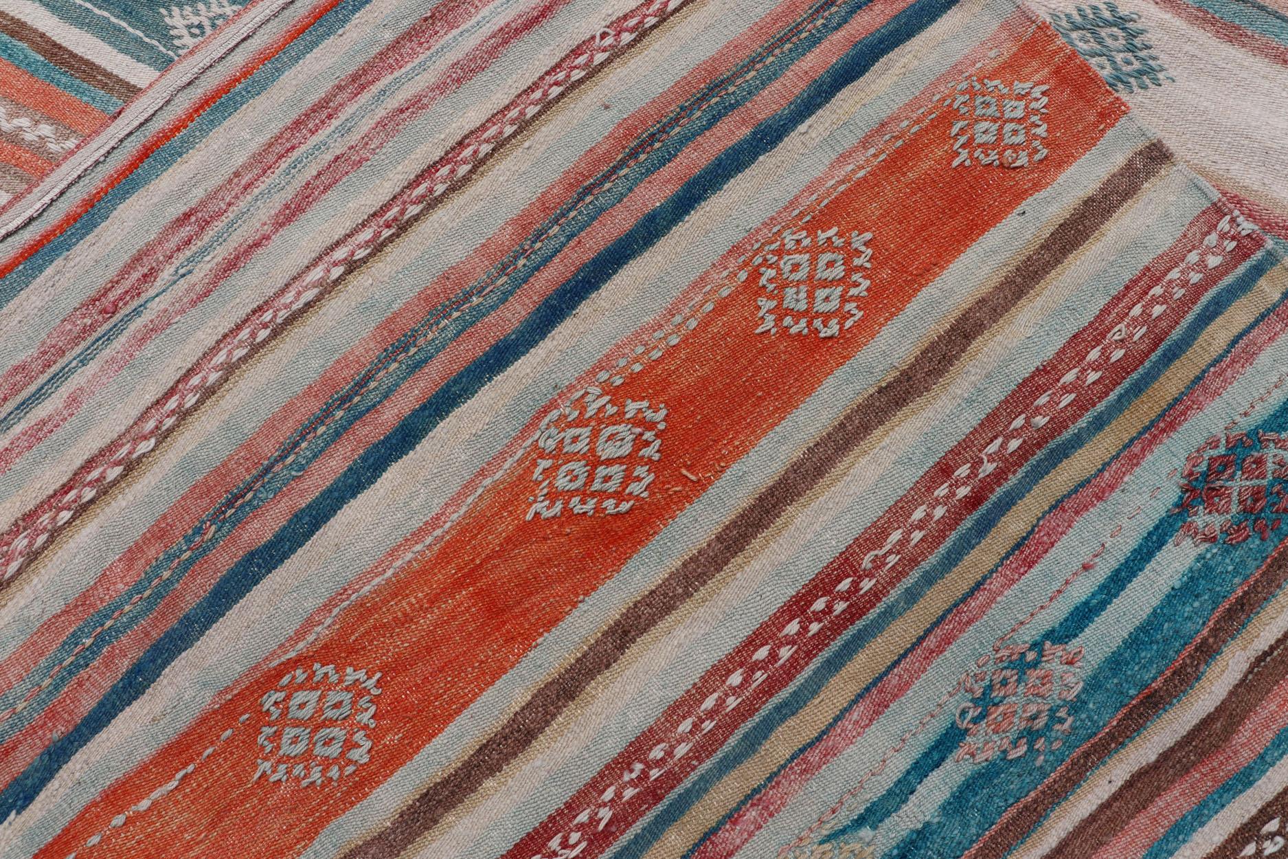 Colorful Vintage Turkish Embroidered Kilim with Stripes and Geometric Motifs For Sale 8