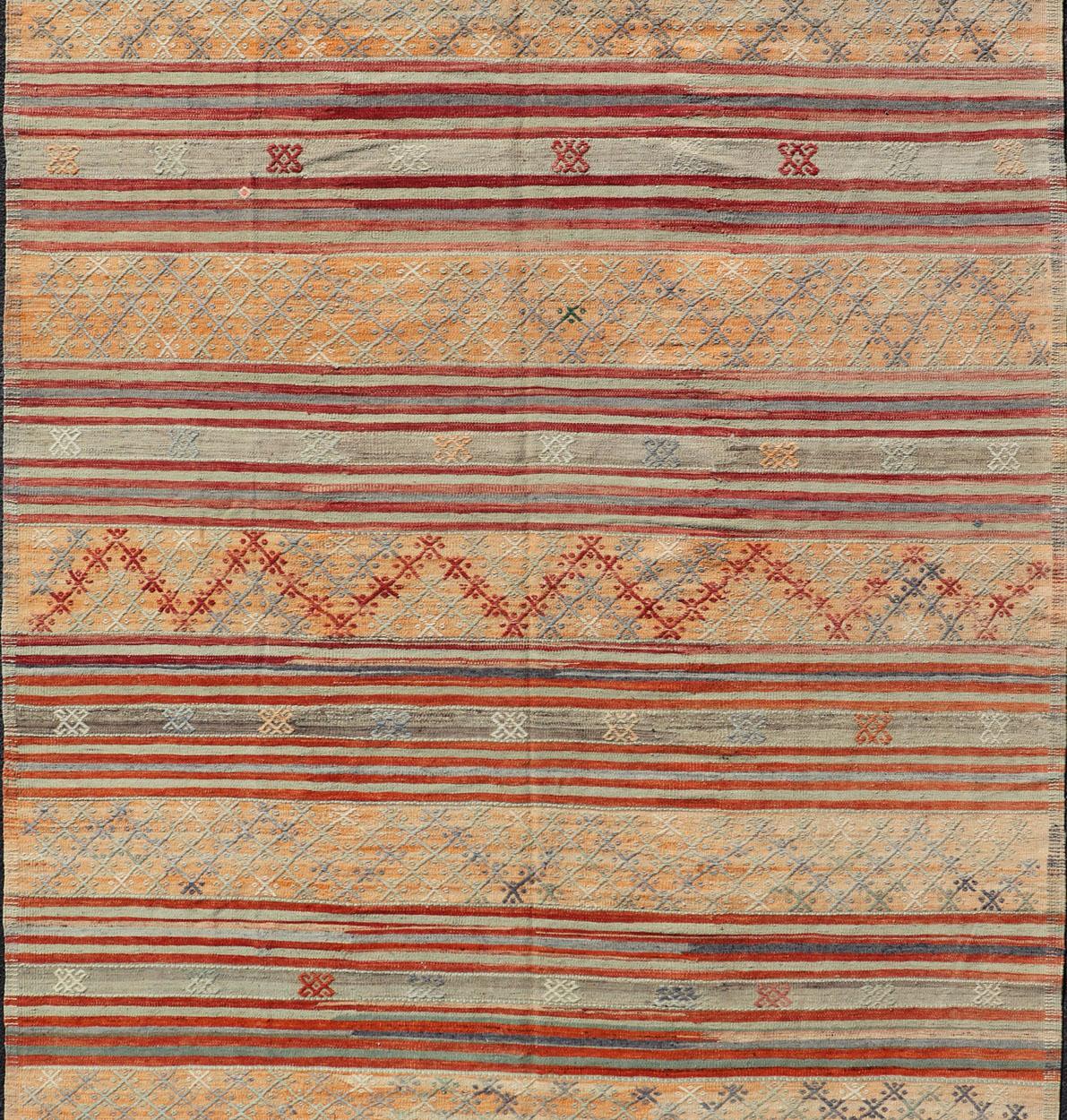 Hand-Woven Colorful Vintage Turkish Embroidered Kilim with Stripes and Geometric Motifs  For Sale