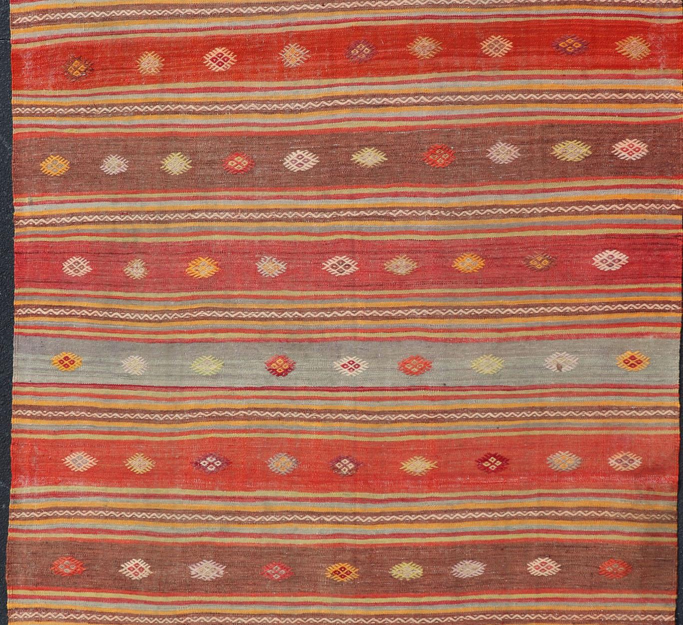 Hand-Woven Colorful Vintage Turkish Embroidered Kilim with Stripes and Geometric Motifs For Sale