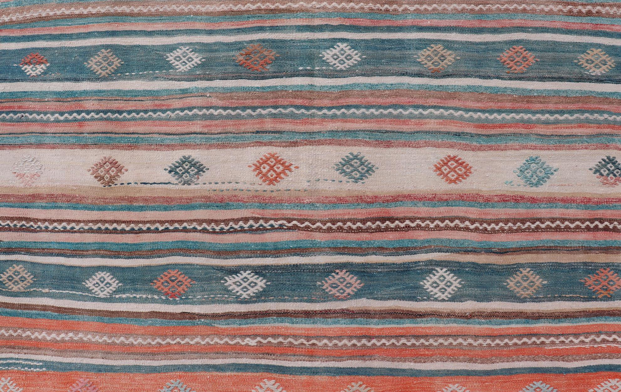Hand-Woven Colorful Vintage Turkish Embroidered Kilim with Stripes and Geometric Motifs For Sale