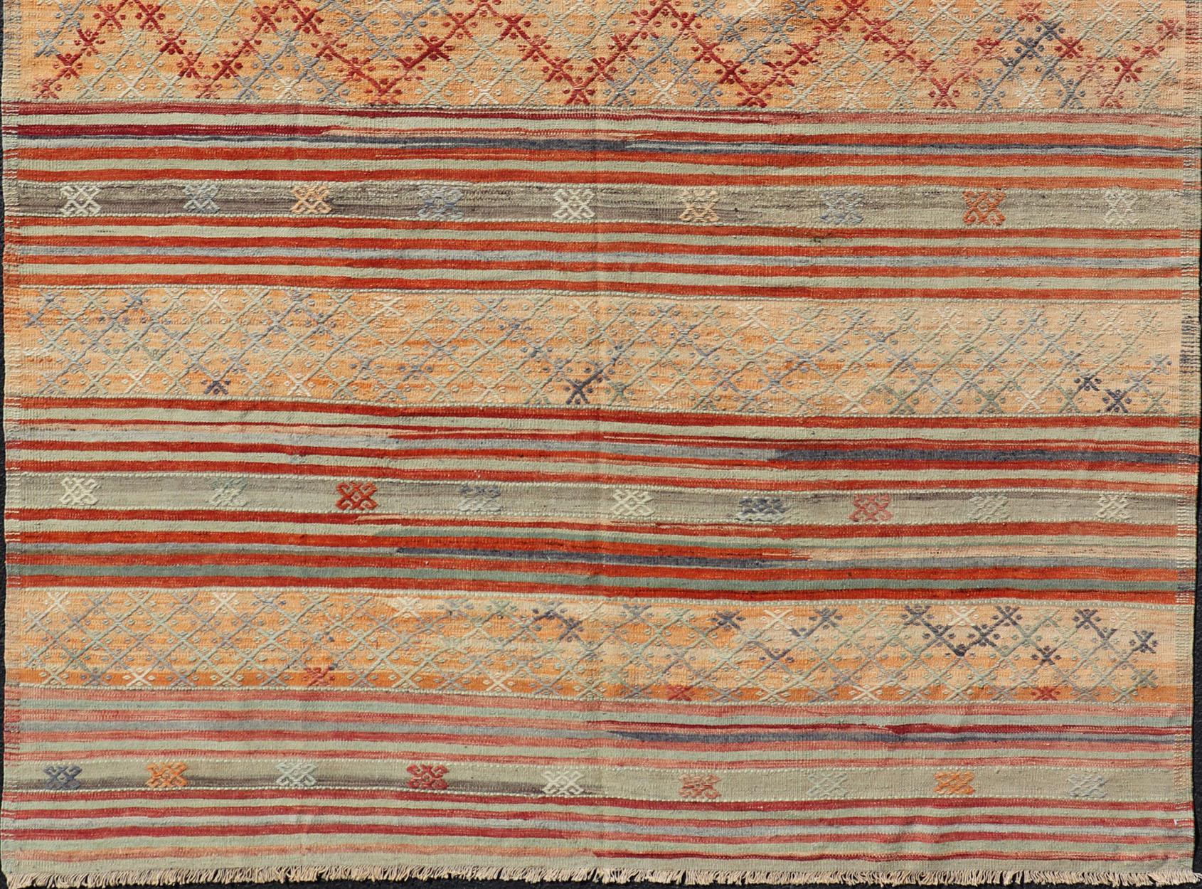 Colorful Vintage Turkish Embroidered Kilim with Stripes and Geometric Motifs  In Excellent Condition For Sale In Atlanta, GA
