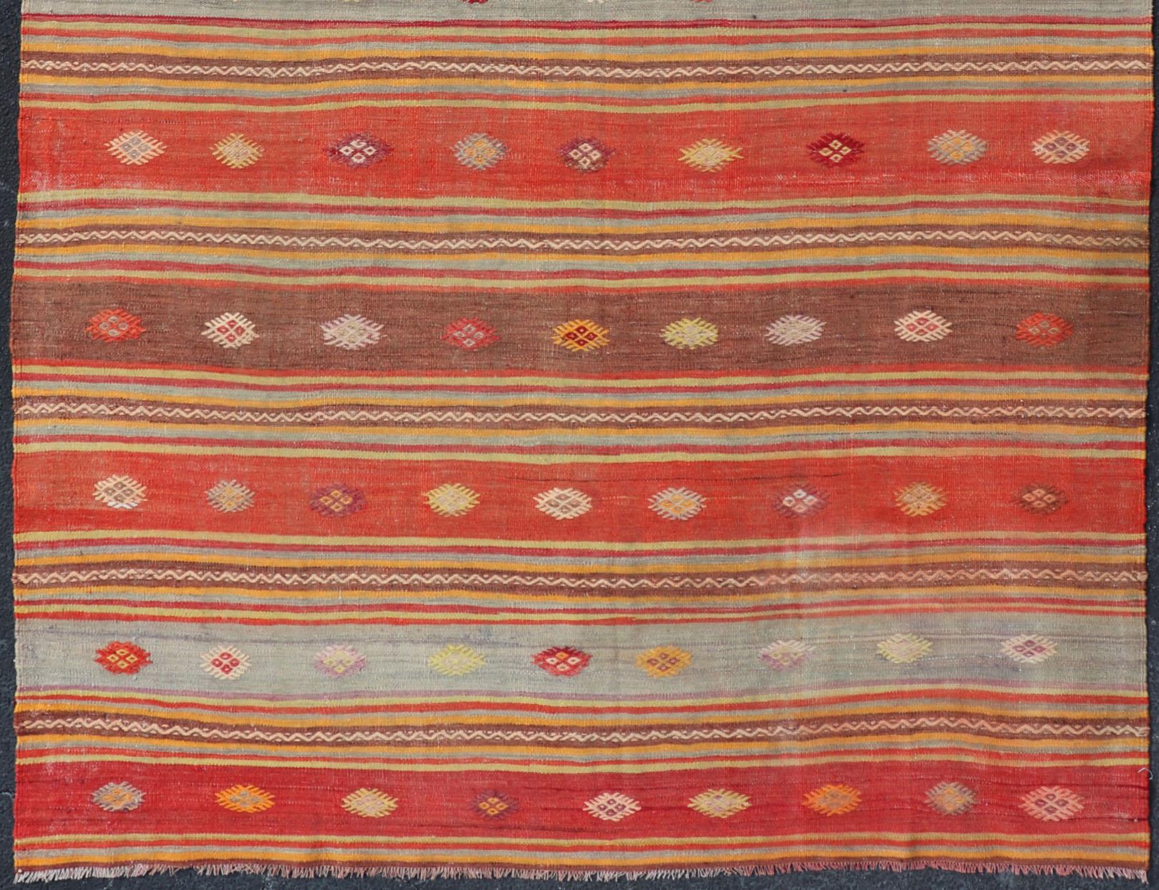 Colorful Vintage Turkish Embroidered Kilim with Stripes and Geometric Motifs In Good Condition For Sale In Atlanta, GA