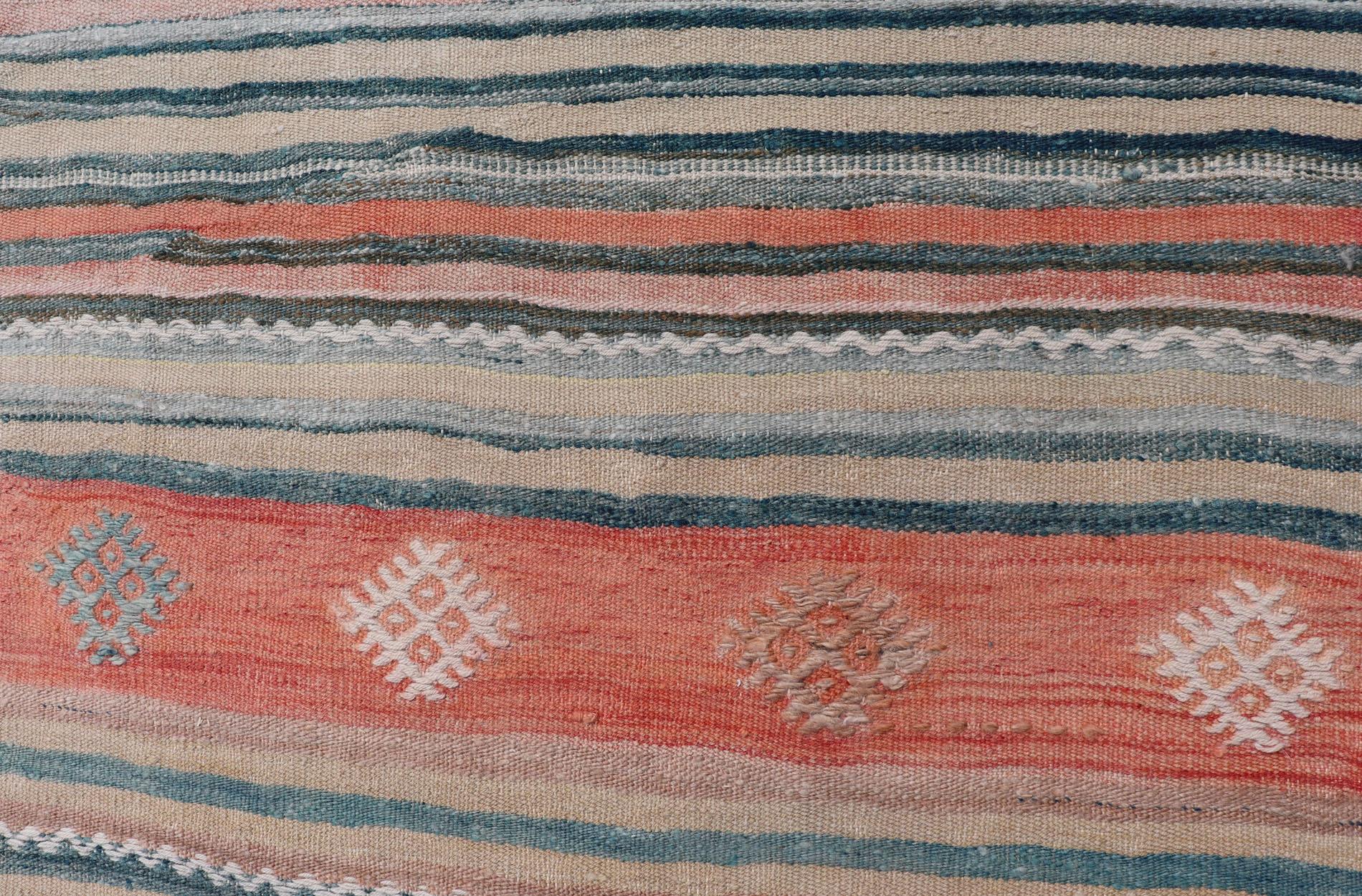 Colorful Vintage Turkish Embroidered Kilim with Stripes and Geometric Motifs In Good Condition For Sale In Atlanta, GA
