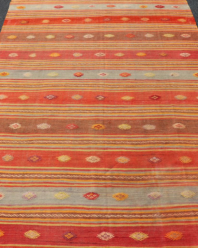 20th Century Colorful Vintage Turkish Embroidered Kilim with Stripes and Geometric Motifs For Sale