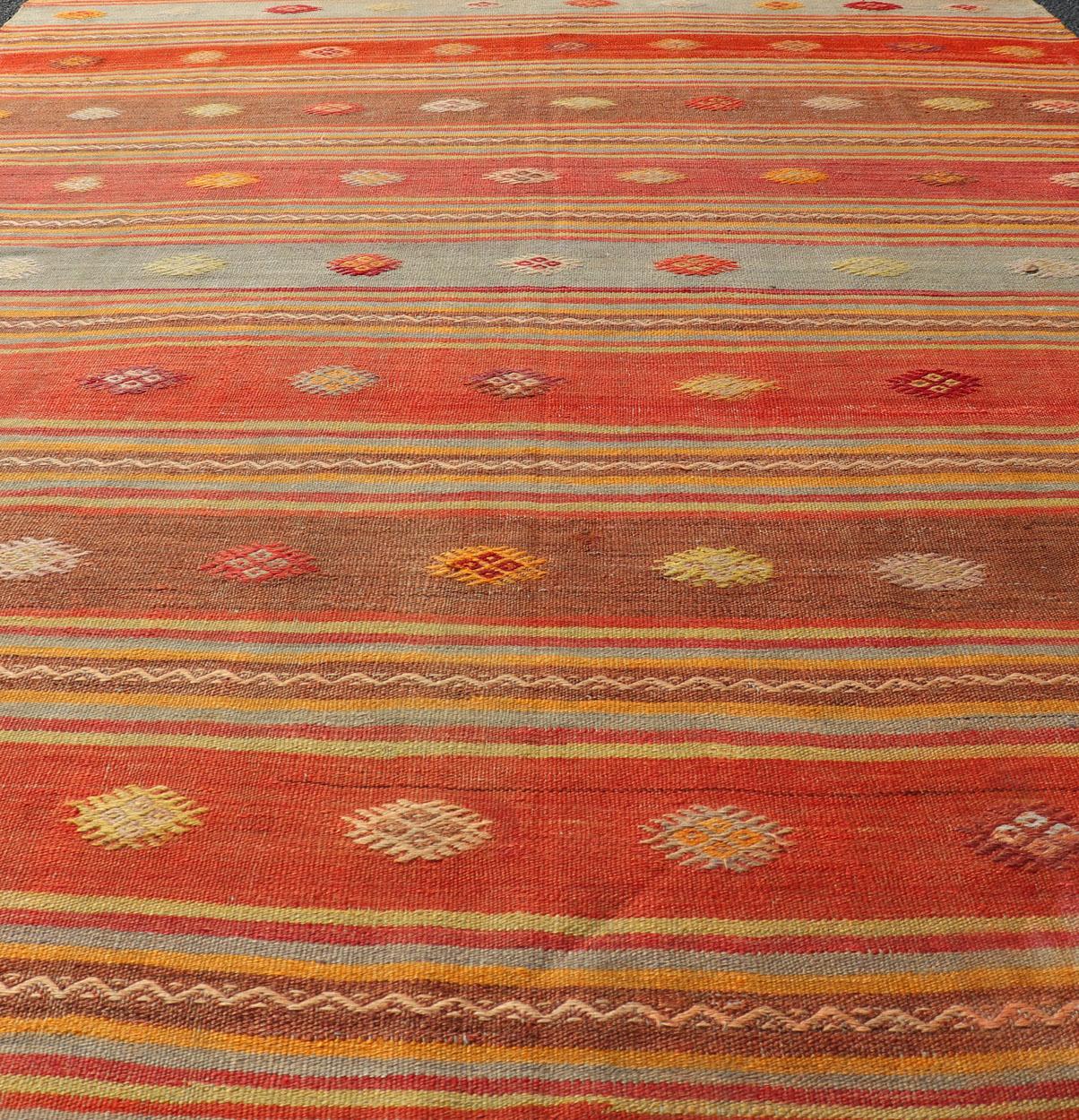 Wool Colorful Vintage Turkish Embroidered Kilim with Stripes and Geometric Motifs For Sale