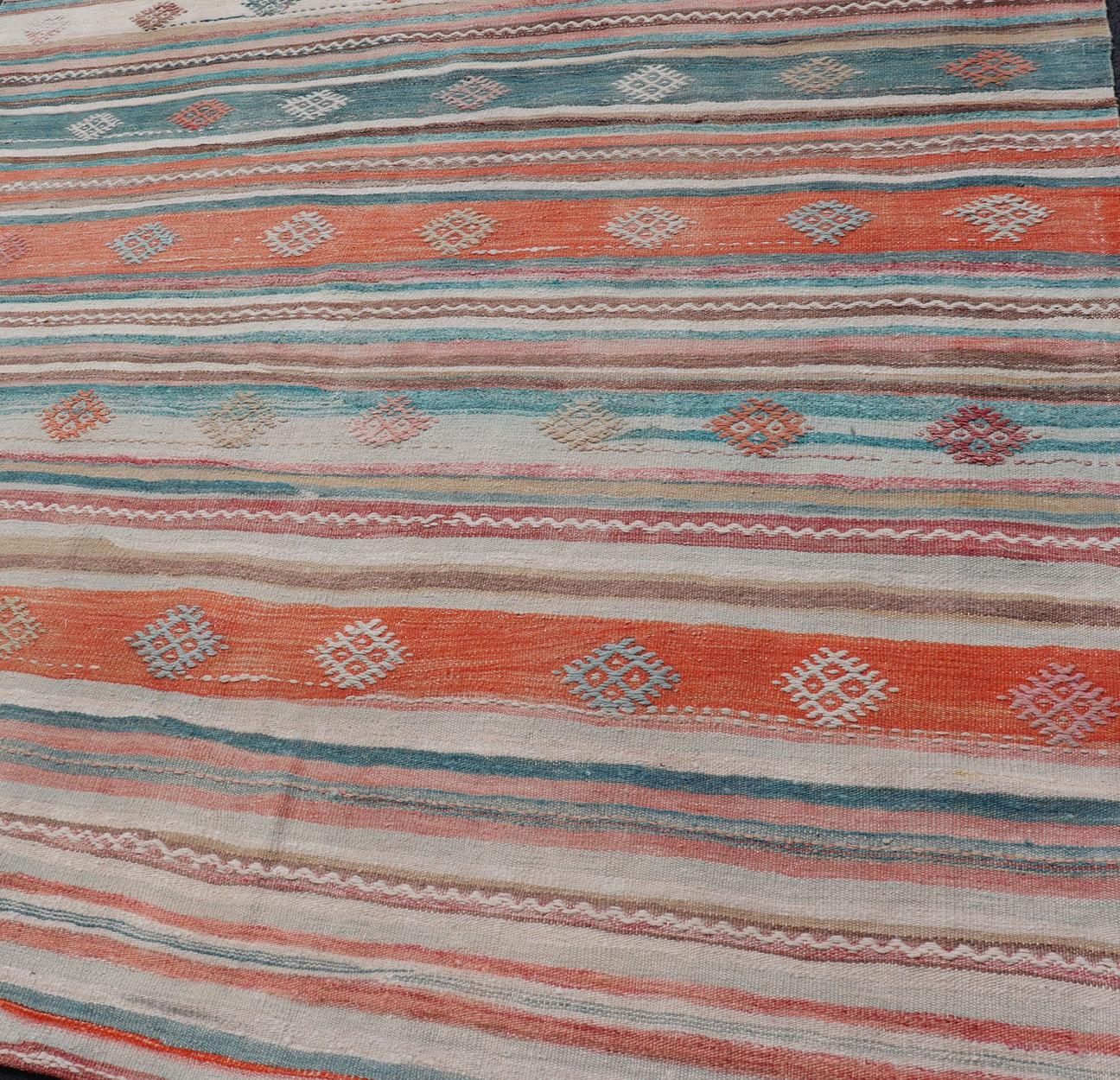 Wool Colorful Vintage Turkish Embroidered Kilim with Stripes and Geometric Motifs For Sale