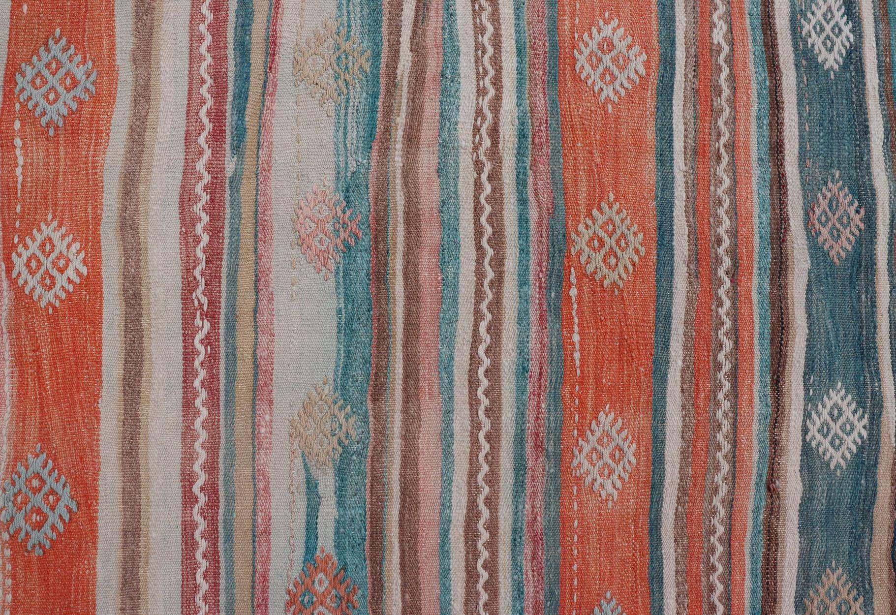 Colorful Vintage Turkish Embroidered Kilim with Stripes and Geometric Motifs For Sale 1