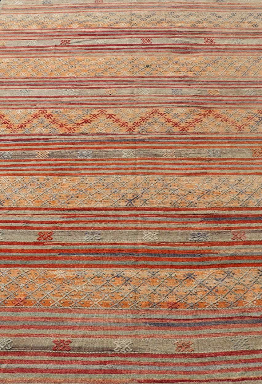Colorful Vintage Turkish Embroidered Kilim with Stripes and Geometric Motifs  For Sale 2