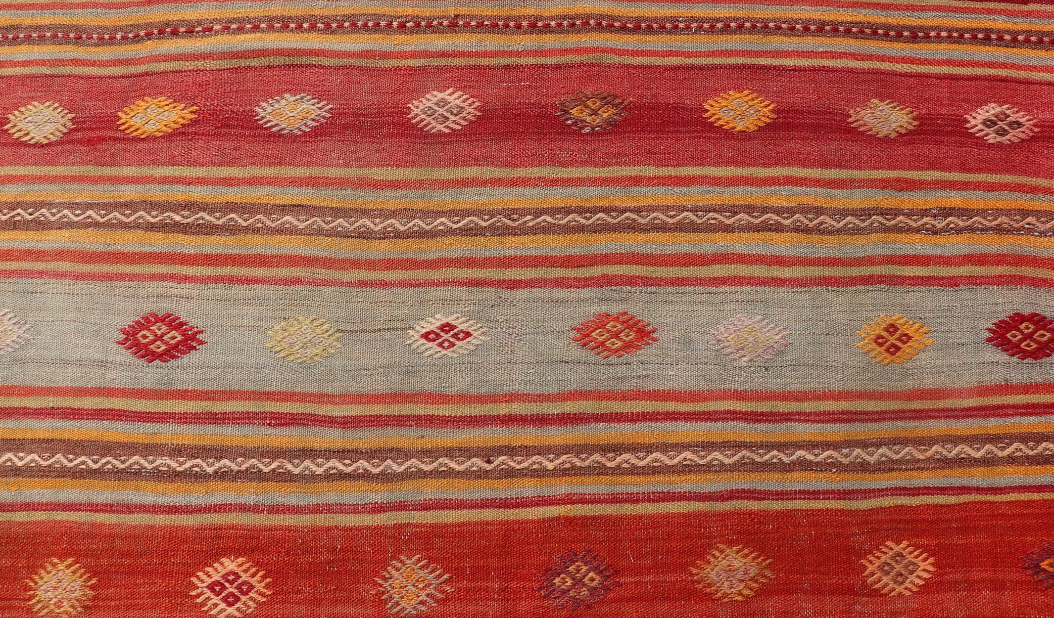 Colorful Vintage Turkish Embroidered Kilim with Stripes and Geometric Motifs For Sale 2