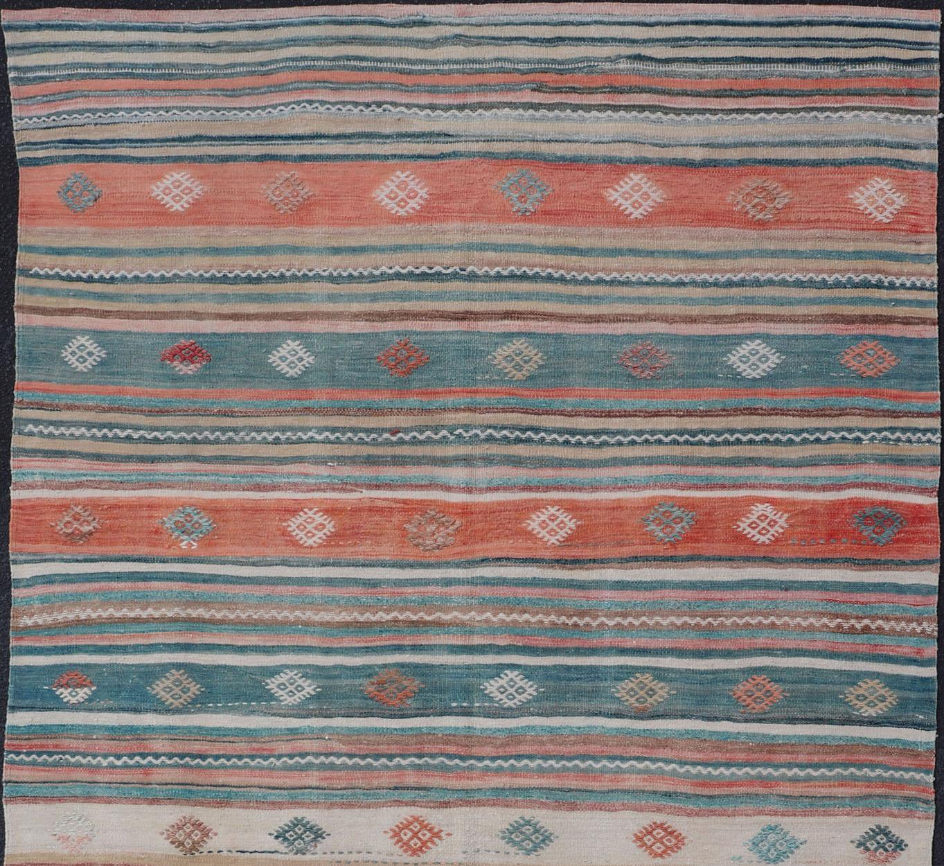 Colorful Vintage Turkish Embroidered Kilim with Stripes and Geometric Motifs For Sale 2